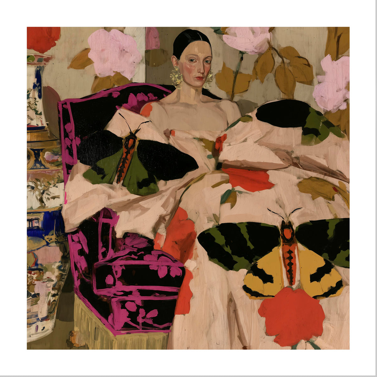 A stylized painting of a seated woman draped in cream fabric printed with large moths and pink flowers, surrounded by floral wallpaper and a patterned chair, with a white border around the artwork.