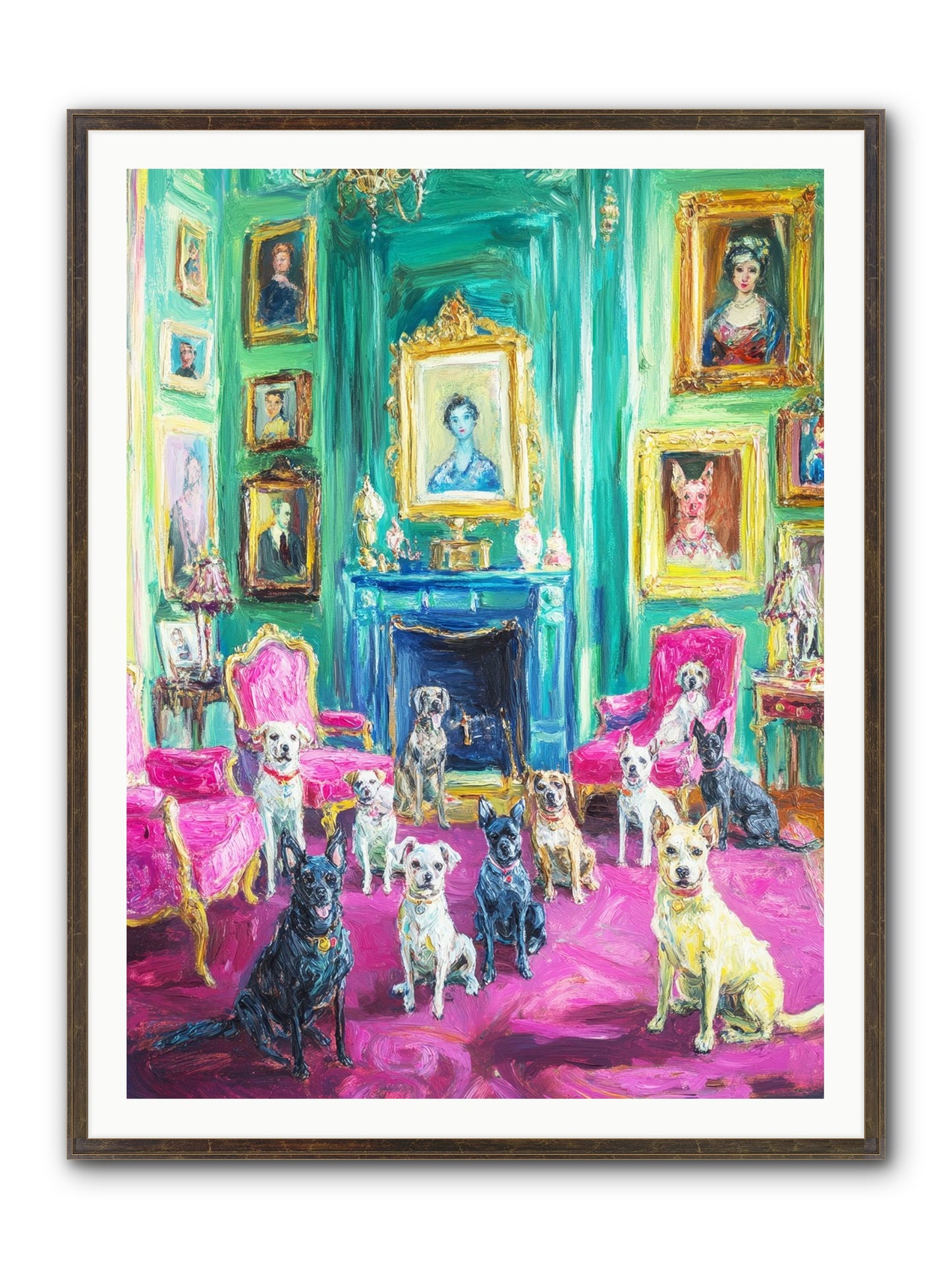 Parlor Dogs Taking Tea Framed Print - Slimwoods Black/Gold 36x48