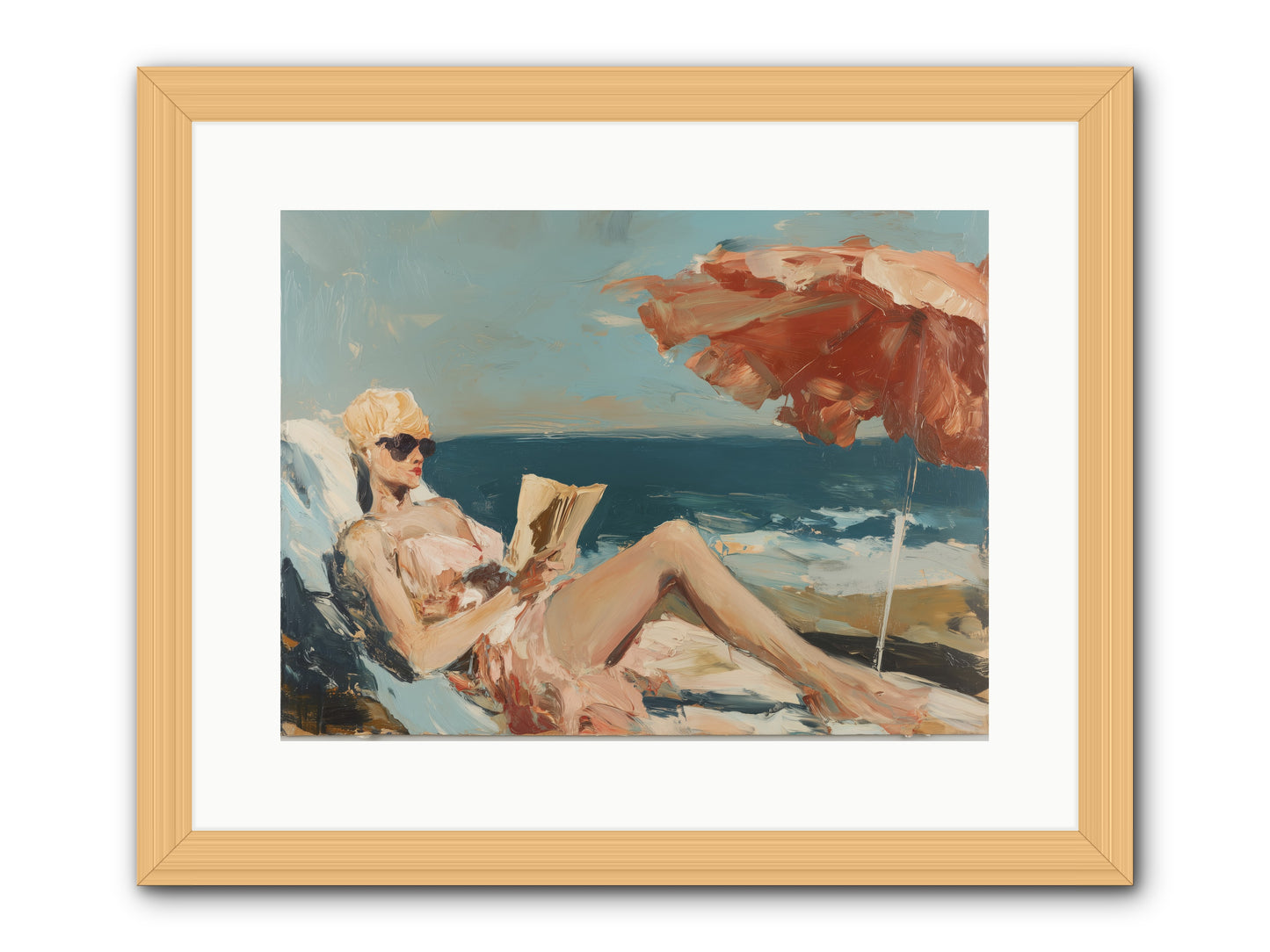 Beach Book Club -- Framed Print - Natural 16x12