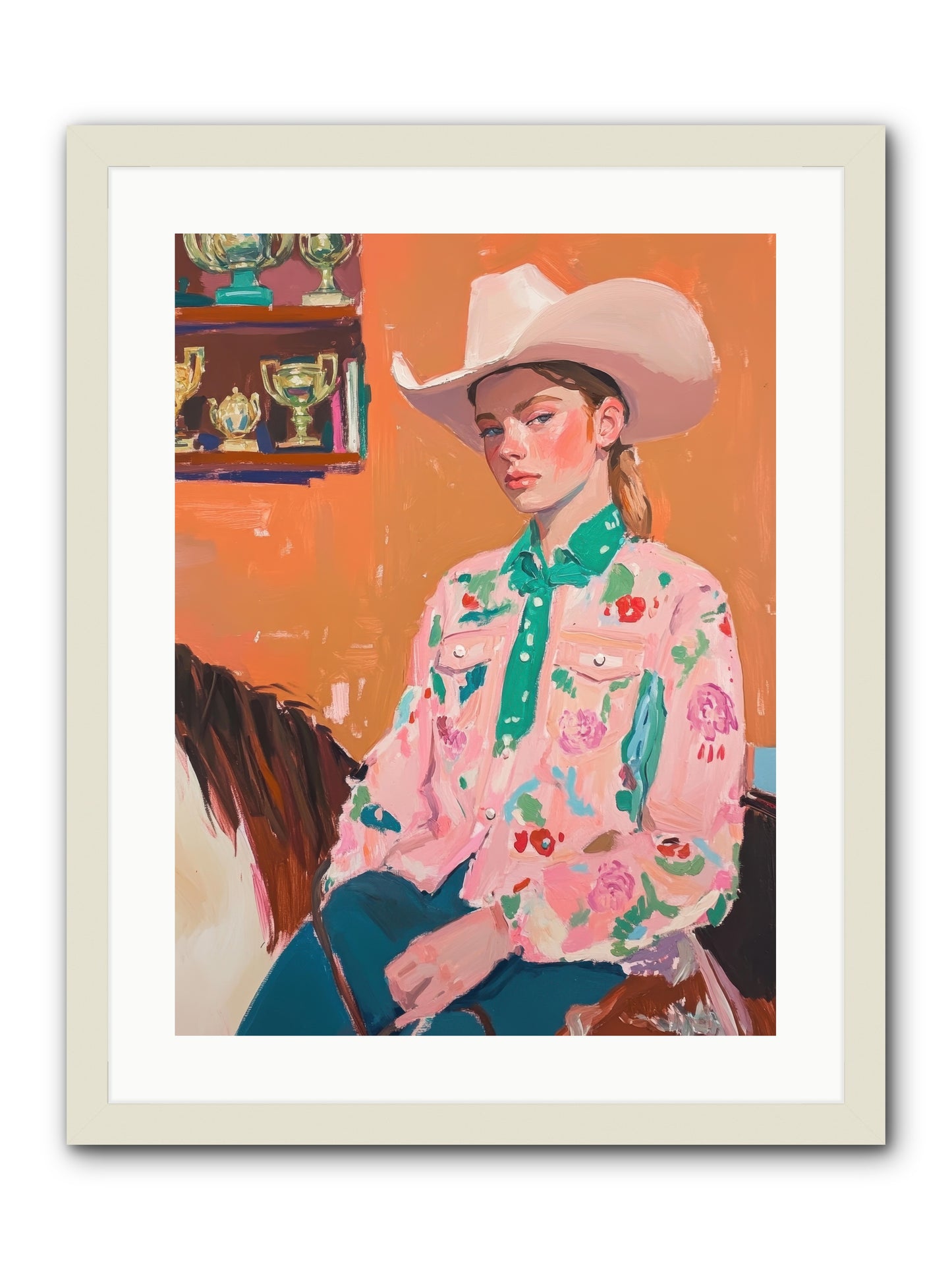 Bronc Riding Belle -- Framed Print - White 18x24