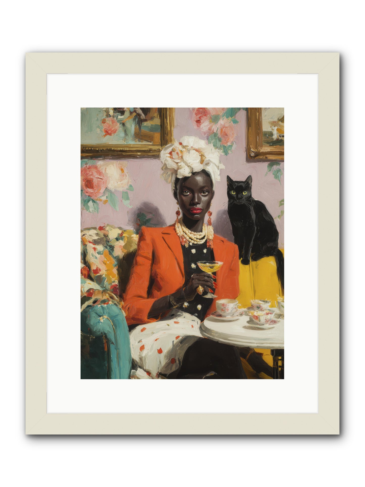 Cocktails with Her Familiar -- Framed Print - White 12x16
