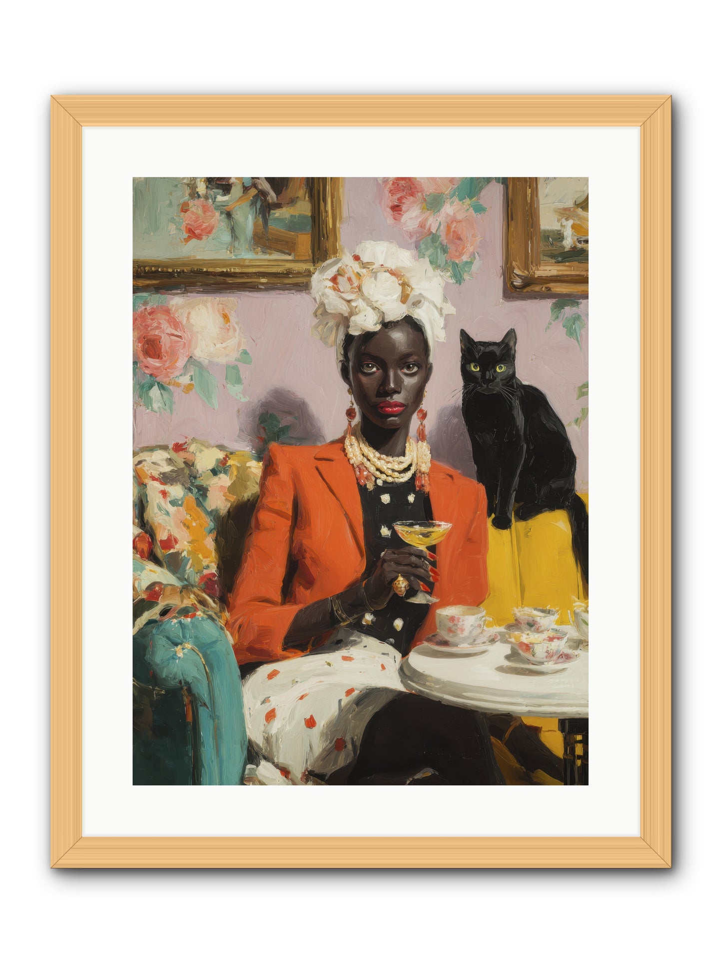 Cocktails with Her Familiar -- Framed Print - Natural 18x24