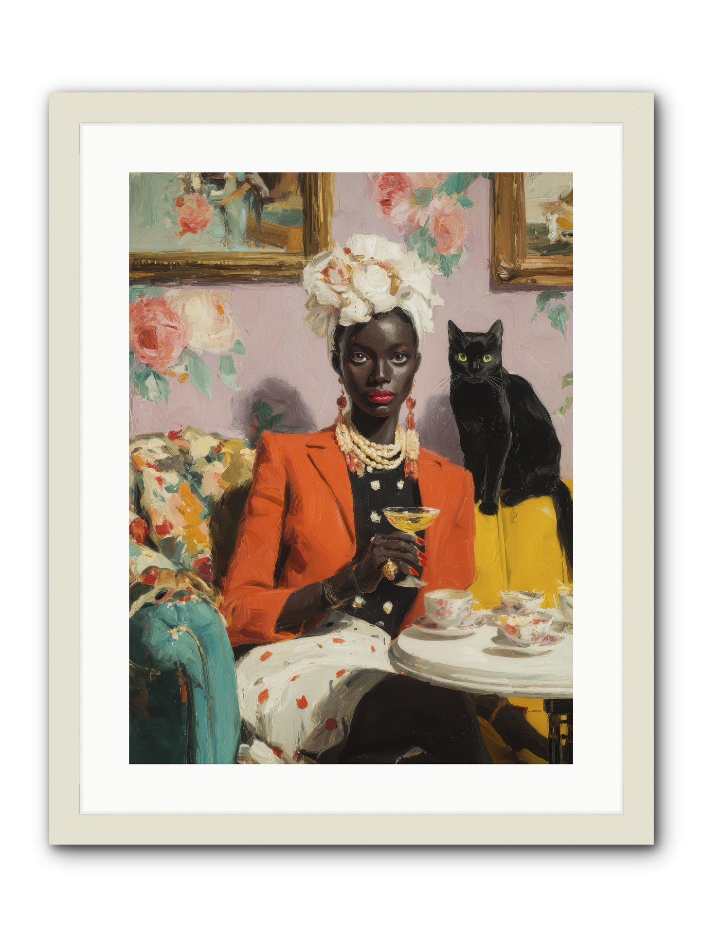 Cocktails with Her Familiar -- Framed Print - White 18x24