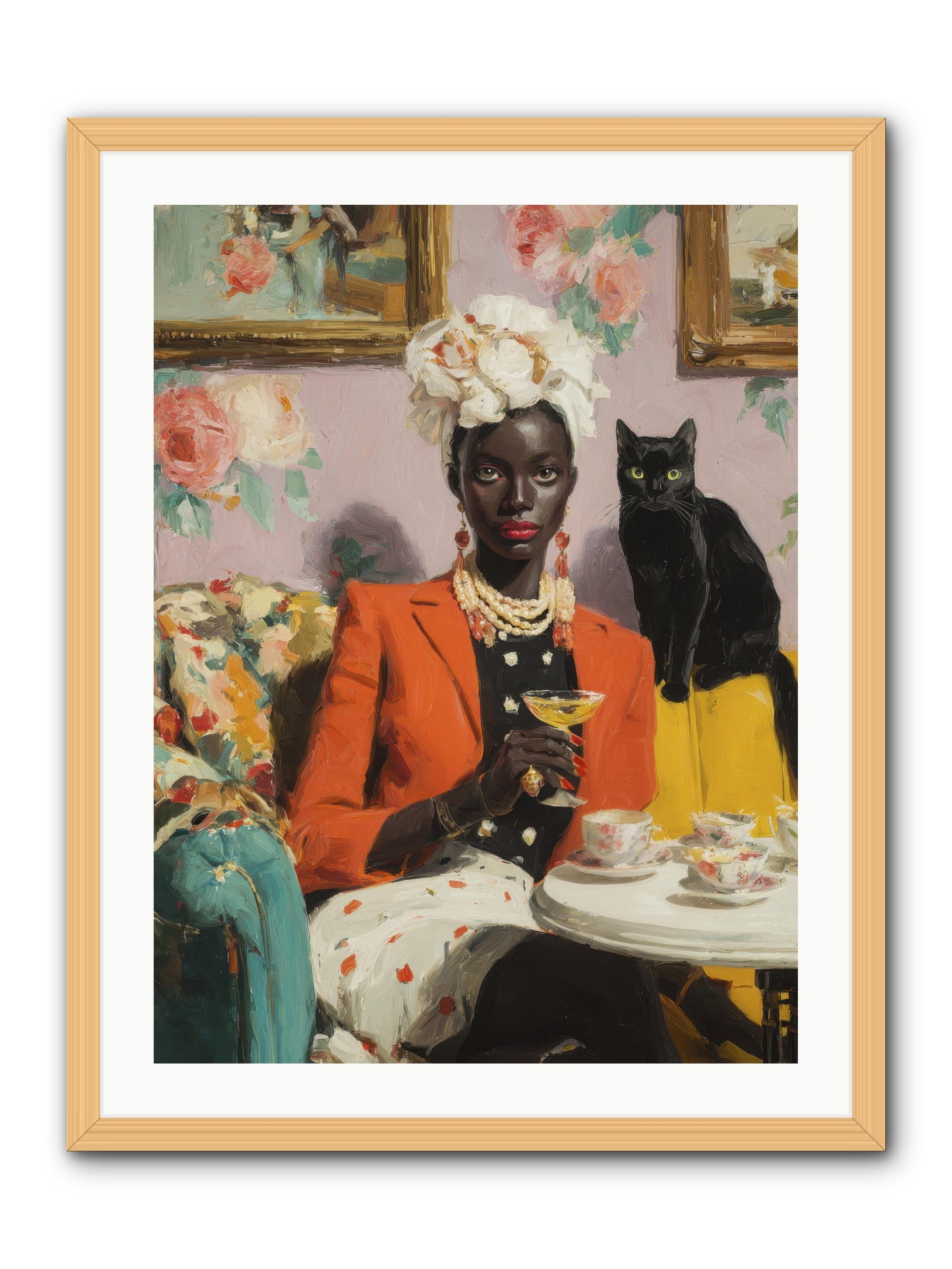 Cocktails with Her Familiar -- Framed Print - Natural 24x32
