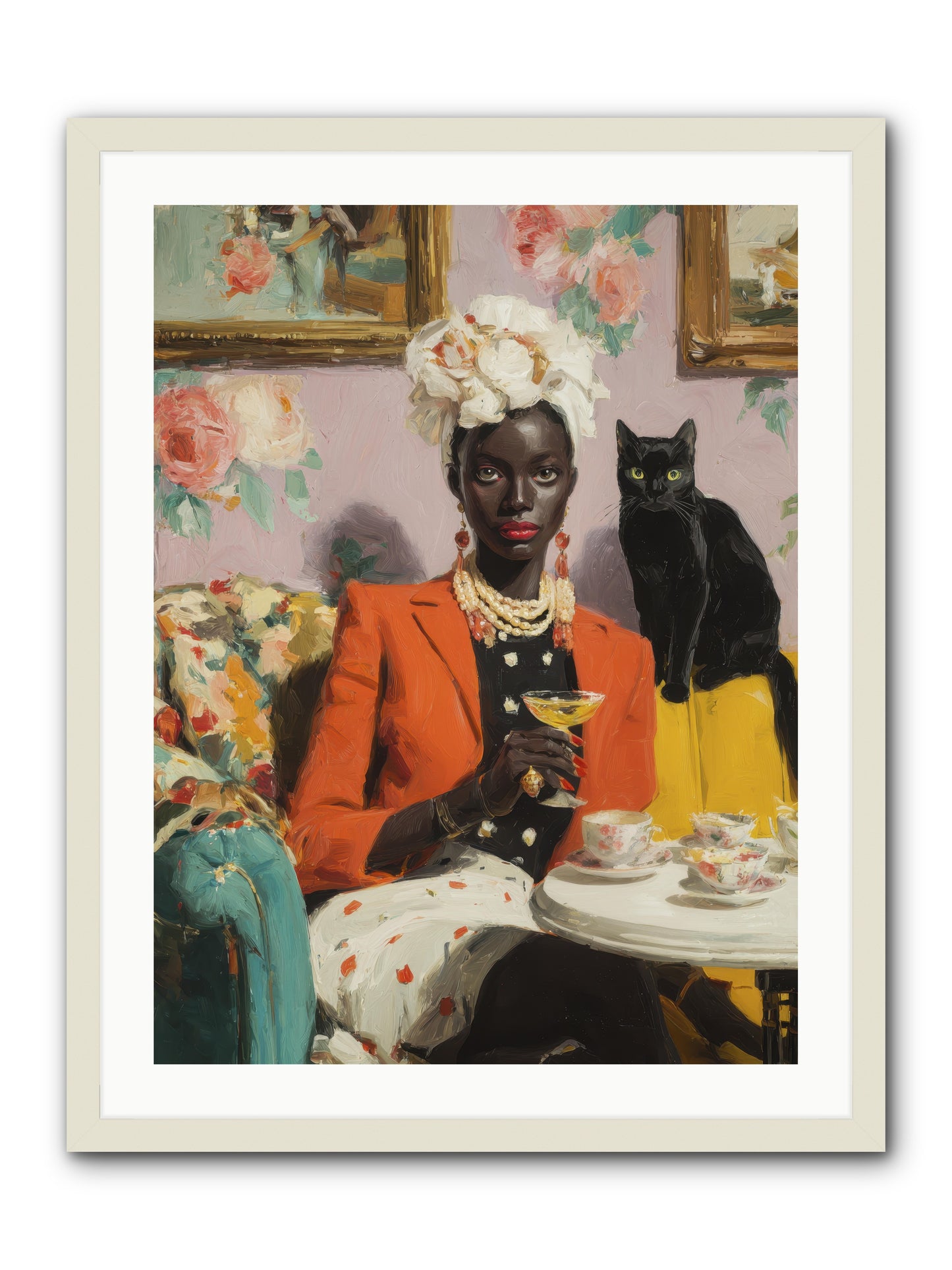 Cocktails with Her Familiar -- Framed Print - White 24x32