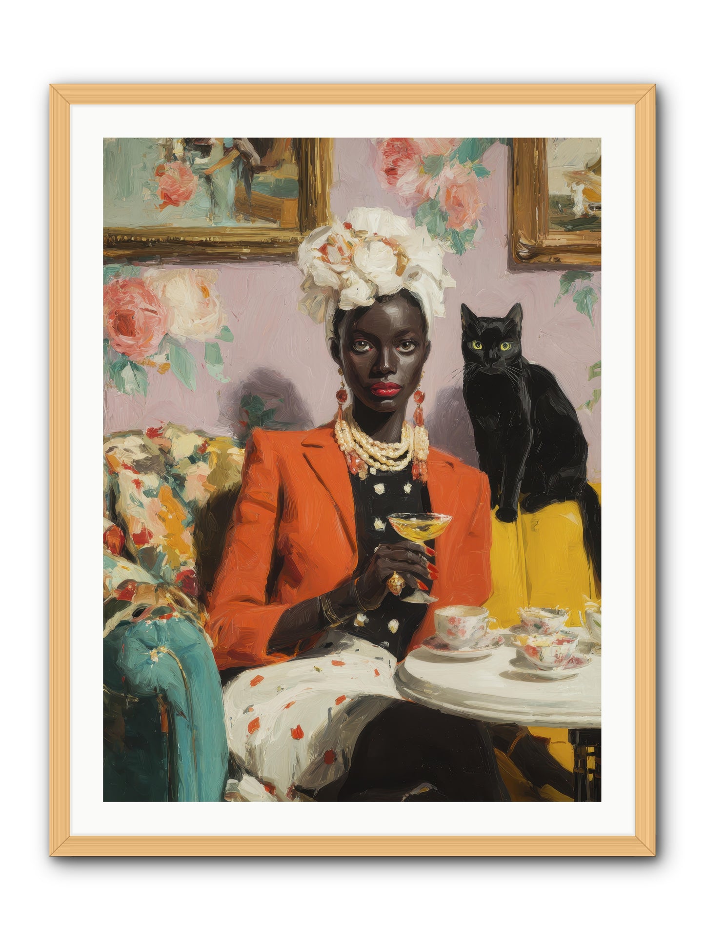 Cocktails with Her Familiar -- Framed Print - Natural 30x40