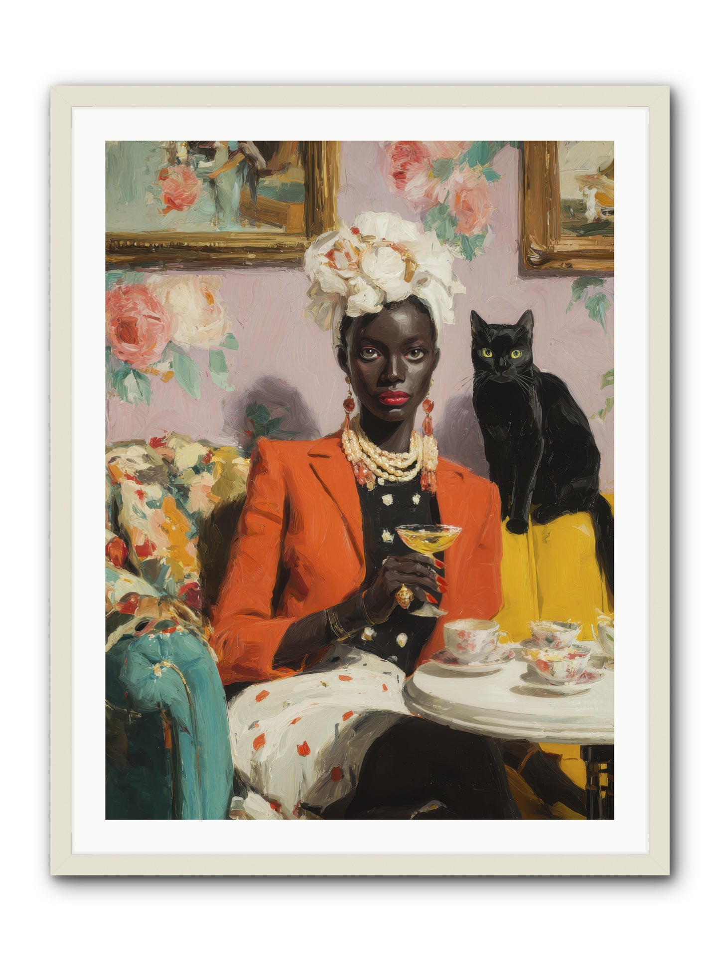 Cocktails with Her Familiar -- Framed Print - White 30x40