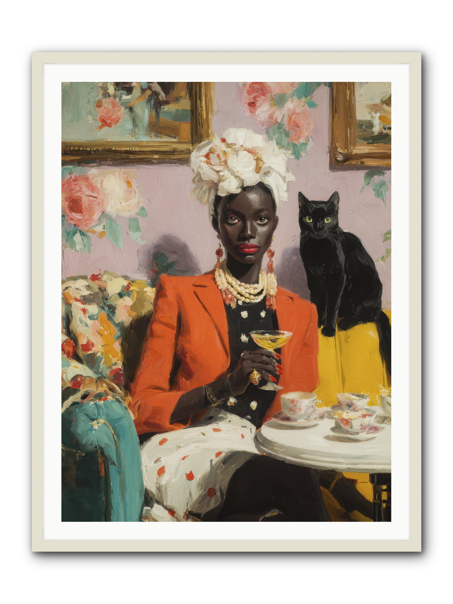 Cocktails with Her Familiar -- Framed Print - White 36x48