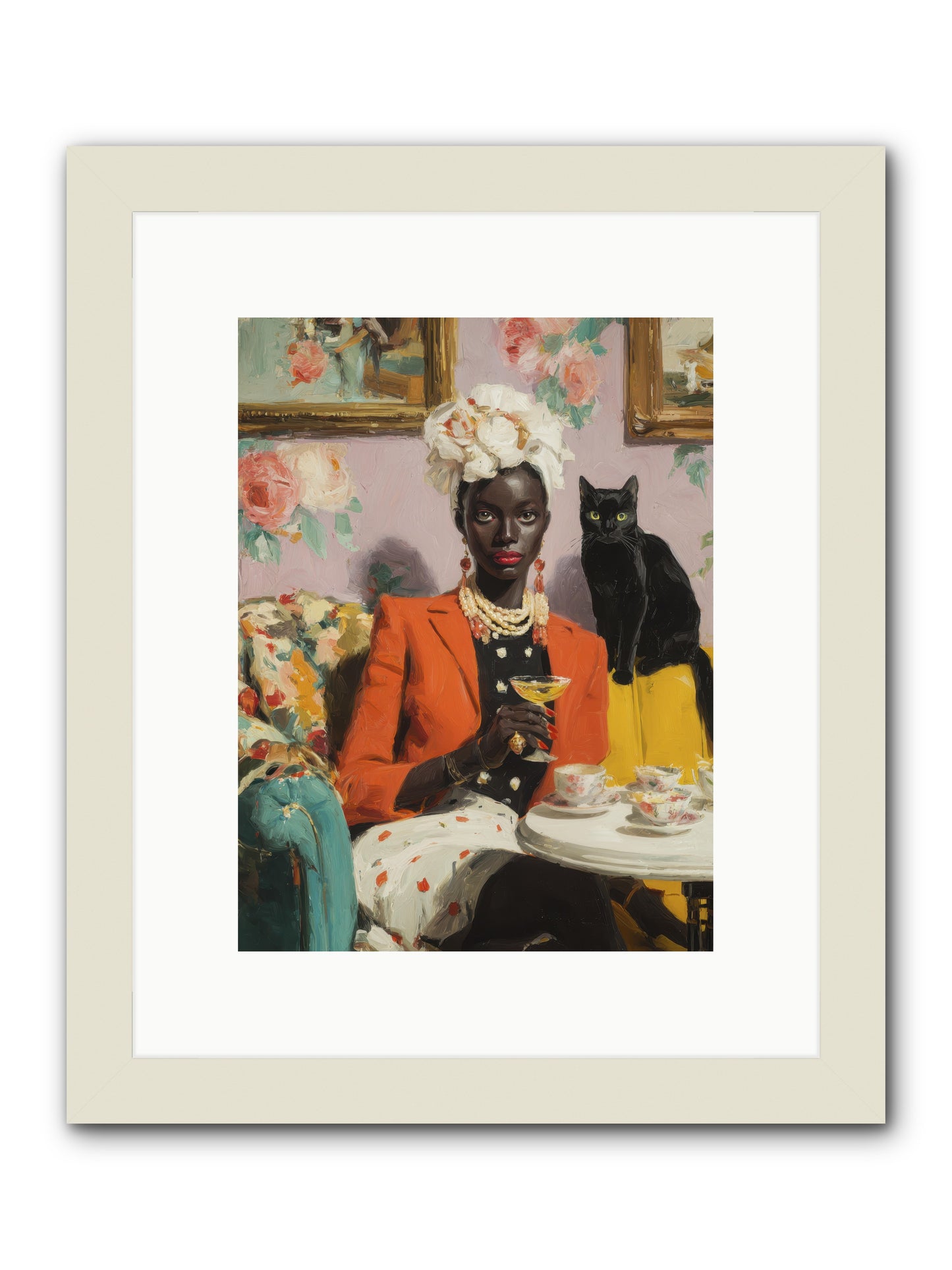 Cocktails with Her Familiar -- Framed Print - White 9x12