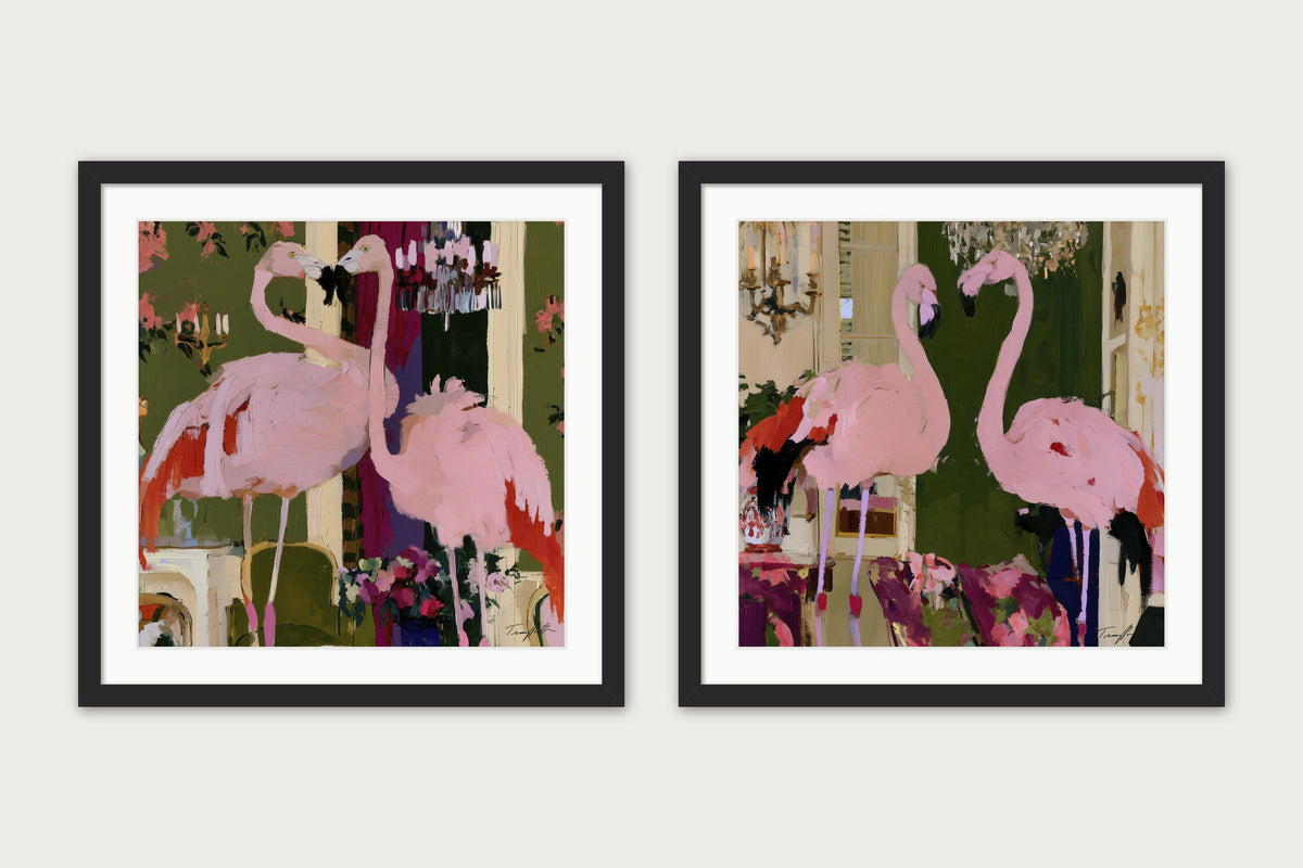 Flamingos At L’Heure Rose - Framed Print - Black, 24x24