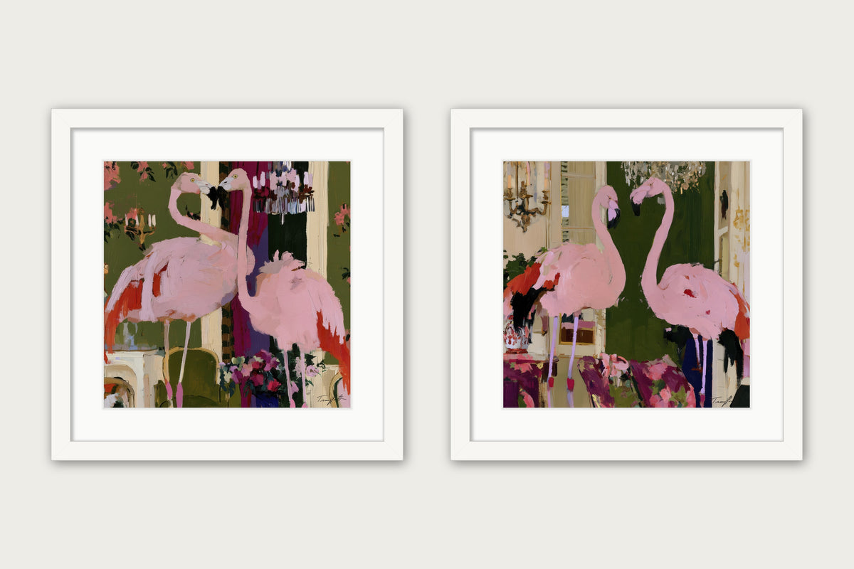 Flamingos At L’Heure Rose - Framed Print - White, 16x16