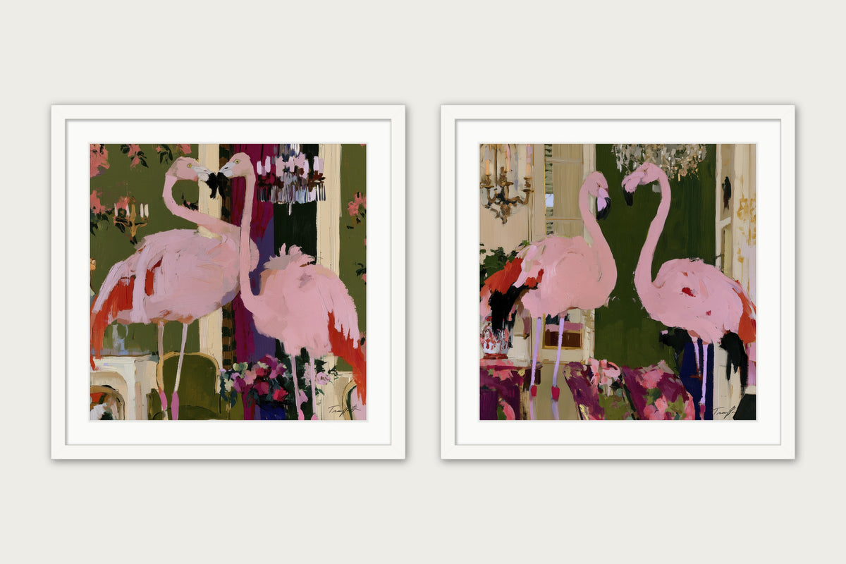 Flamingos At L’Heure Rose - Framed Print - White, 24x24