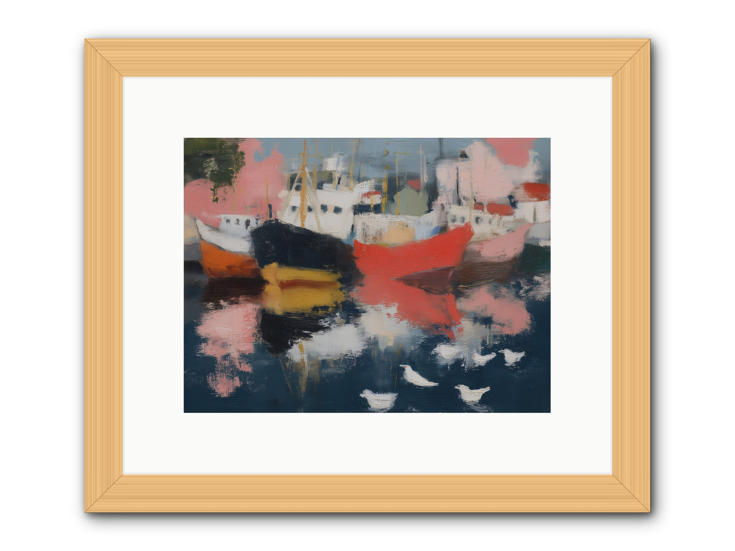 Harbor's Mirror Magic -- Framed Print - Natural 12x9