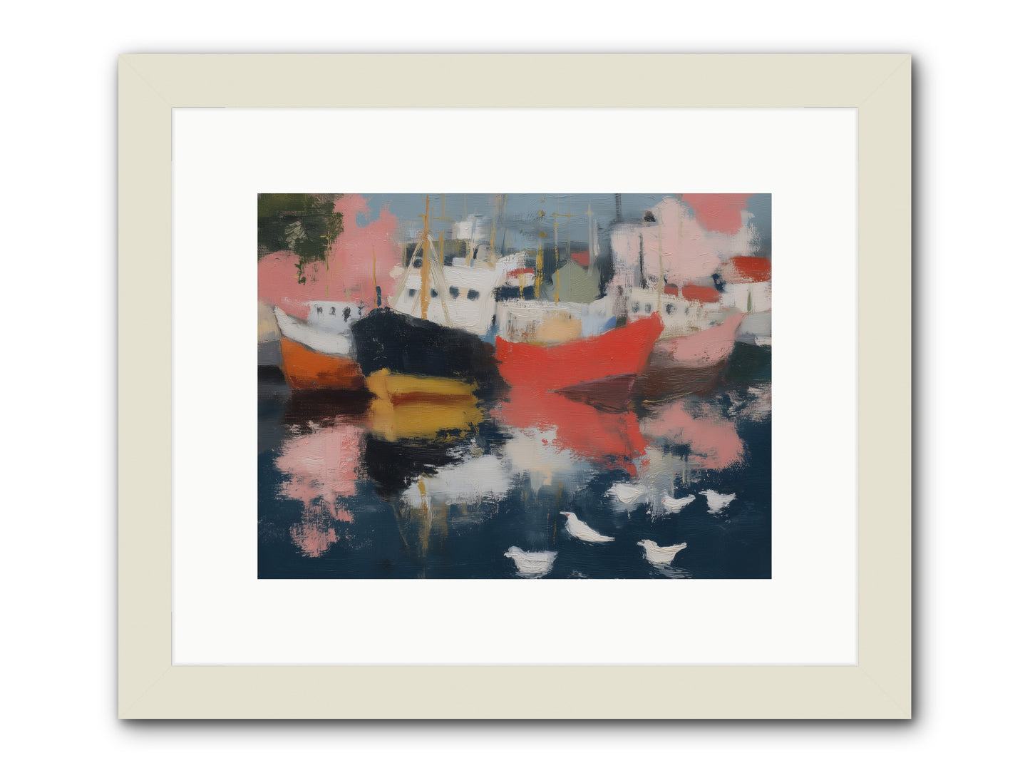 Harbor's Mirror Magic -- Framed Print - White 12x9