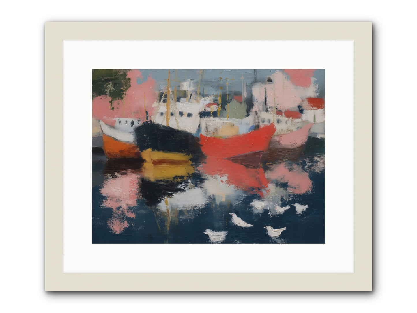 Harbor's Mirror Magic -- Framed Print - White 16x12
