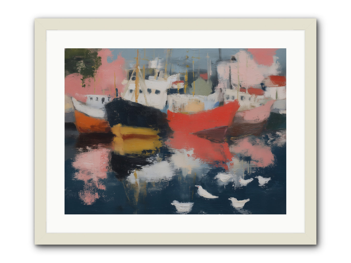 Harbor's Mirror Magic -- Framed Print - White 24x18