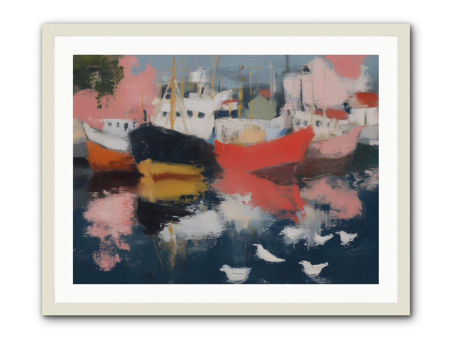 Harbor's Mirror Magic -- Framed Print - White 32x24