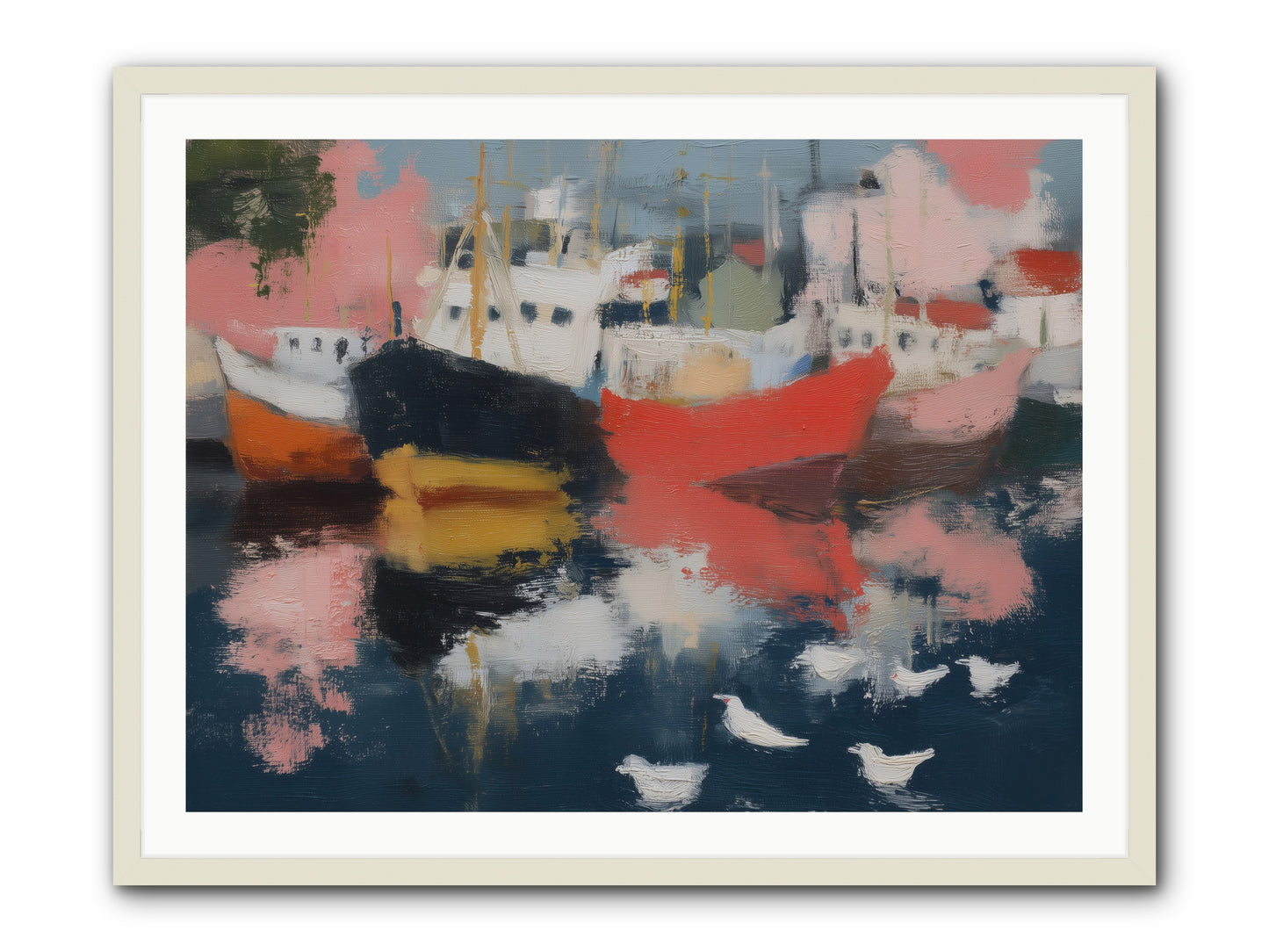Harbor's Mirror Magic -- Framed Print - White 40x30