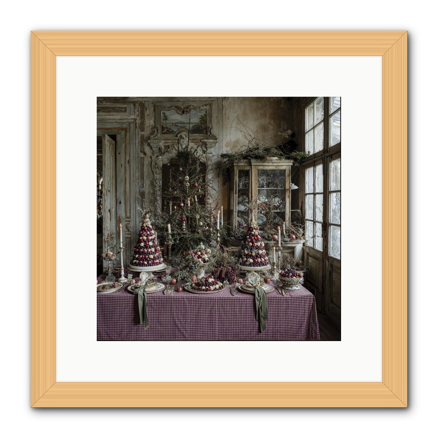 Mistletoe Meadow Cottage -- Framed Print - Natural 12x12