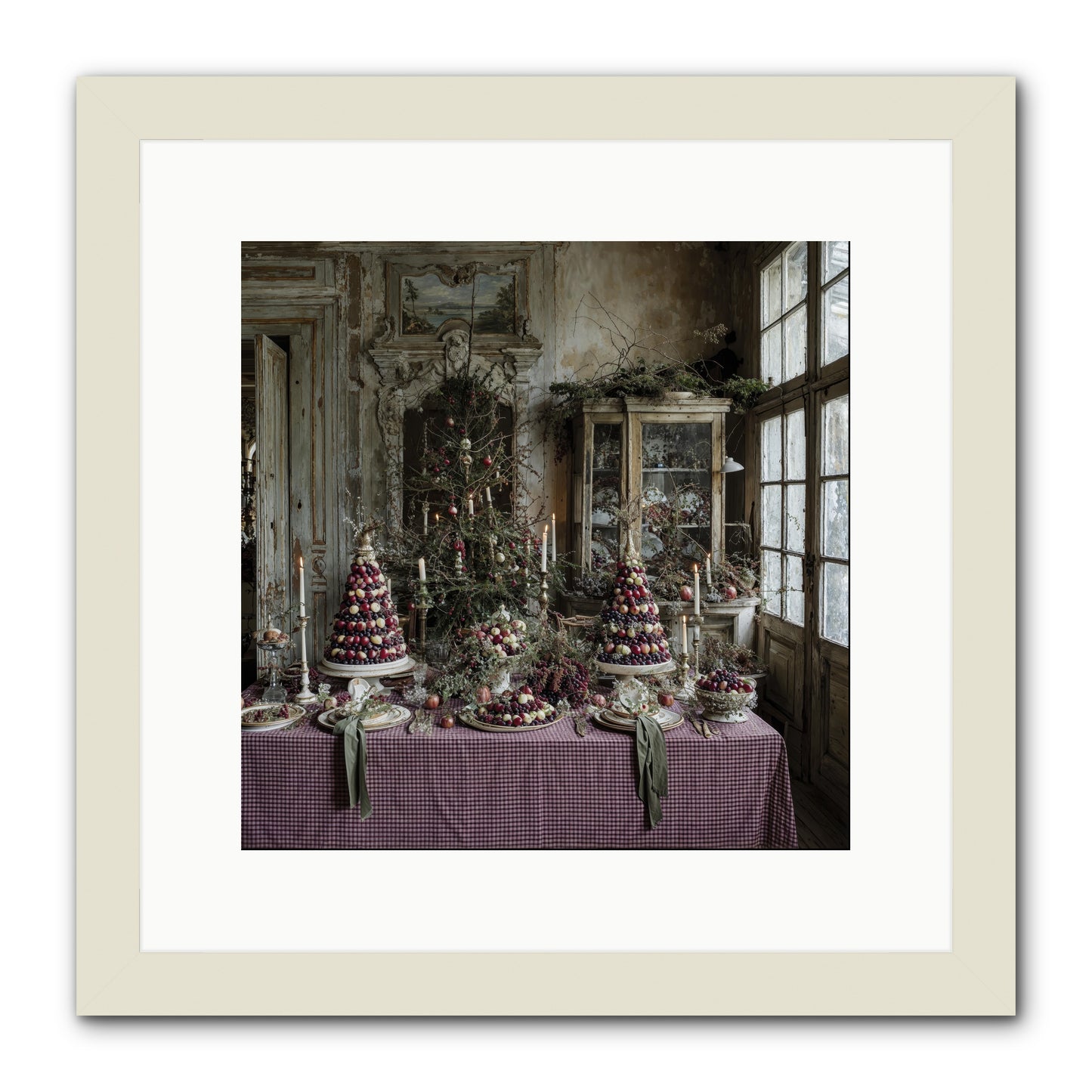 Mistletoe Meadow Cottage -- Framed Print - White 12x12