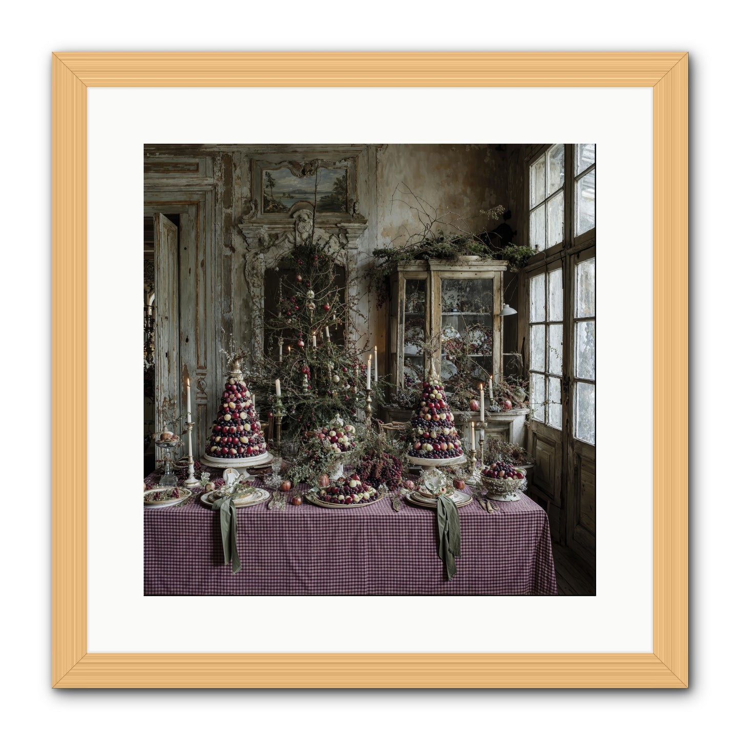Mistletoe Meadow Cottage -- Framed Print - Natural 16x16
