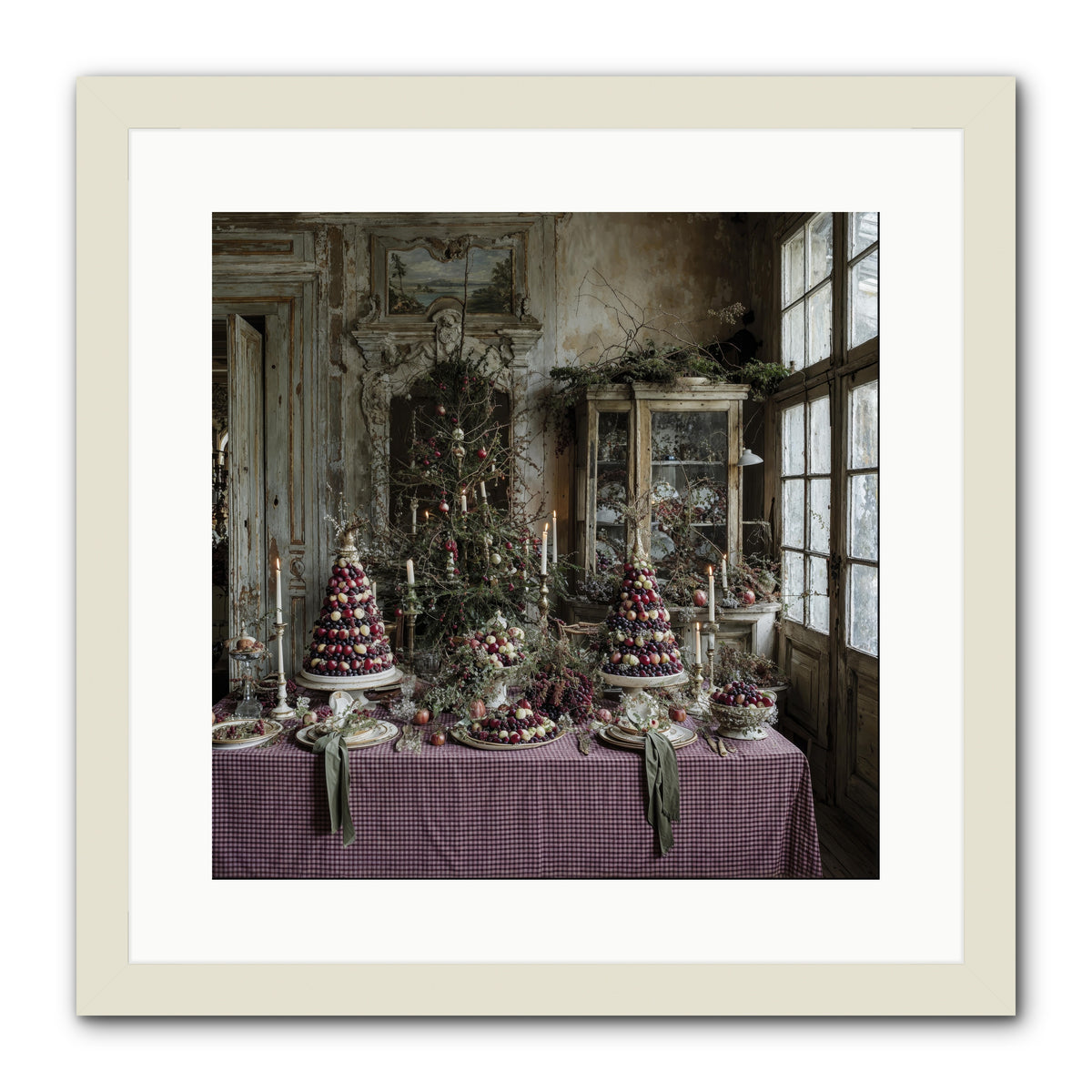 Mistletoe Meadow Cottage -- Framed Print - White 16x16