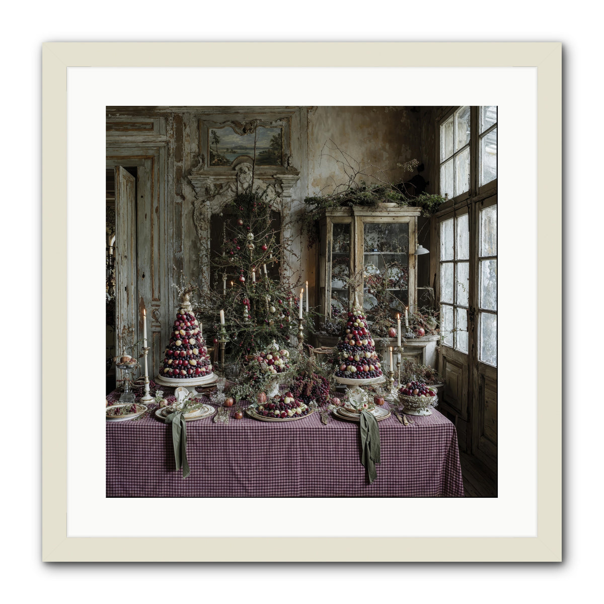 Mistletoe Meadow Cottage -- Framed Print - White 20x20