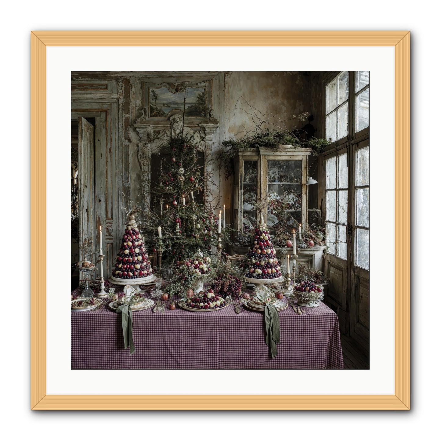 Mistletoe Meadow Cottage -- Framed Print - Natural 24x24