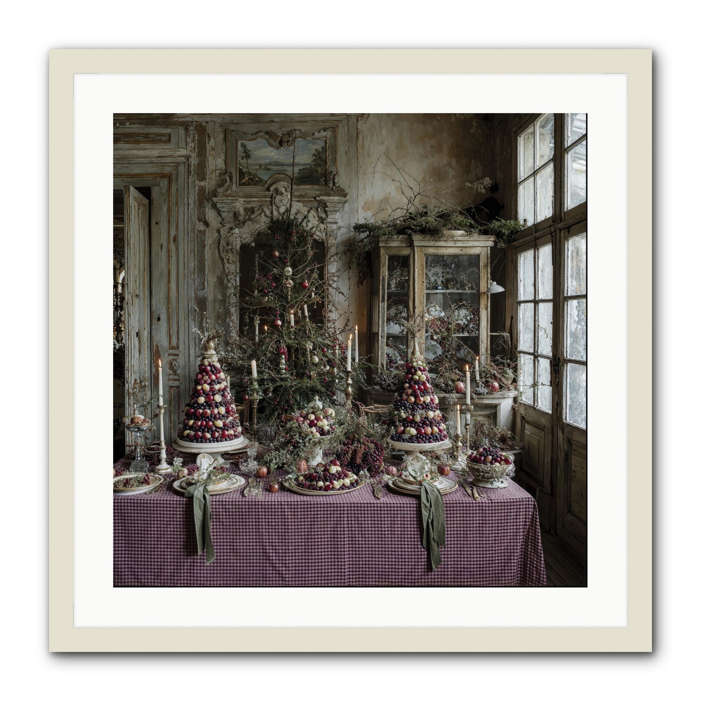 Mistletoe Meadow Cottage -- Framed Print - White 24x24