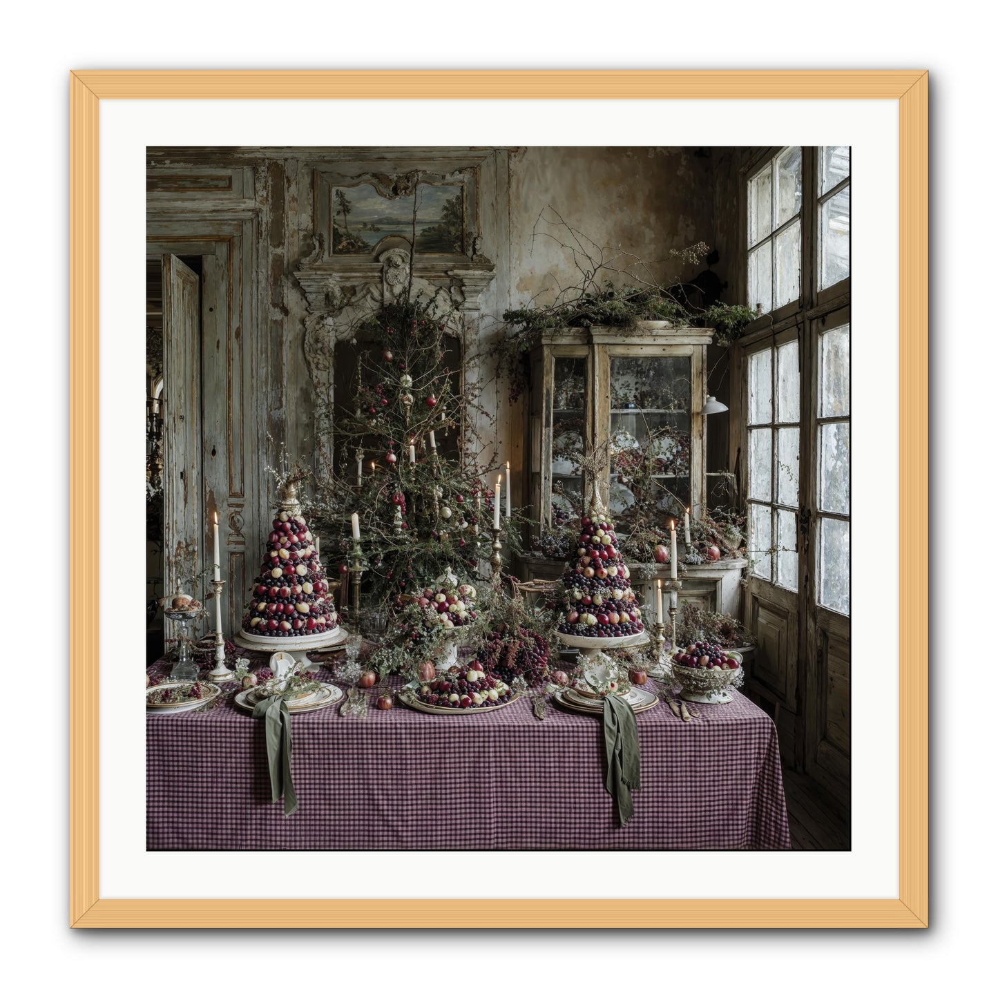 Mistletoe Meadow Cottage -- Framed Print - Natural 30x30