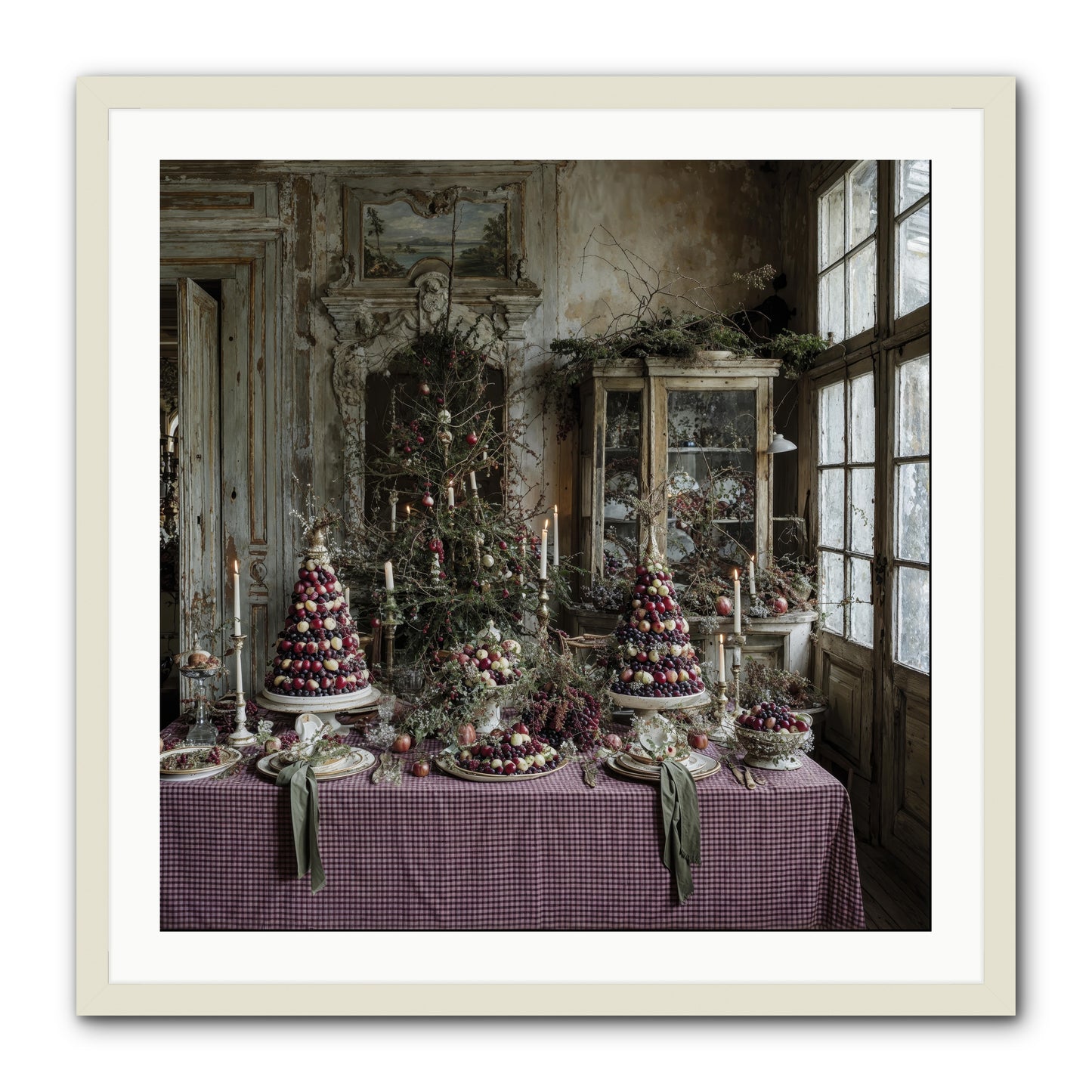 Mistletoe Meadow Cottage -- Framed Print - White 30x30