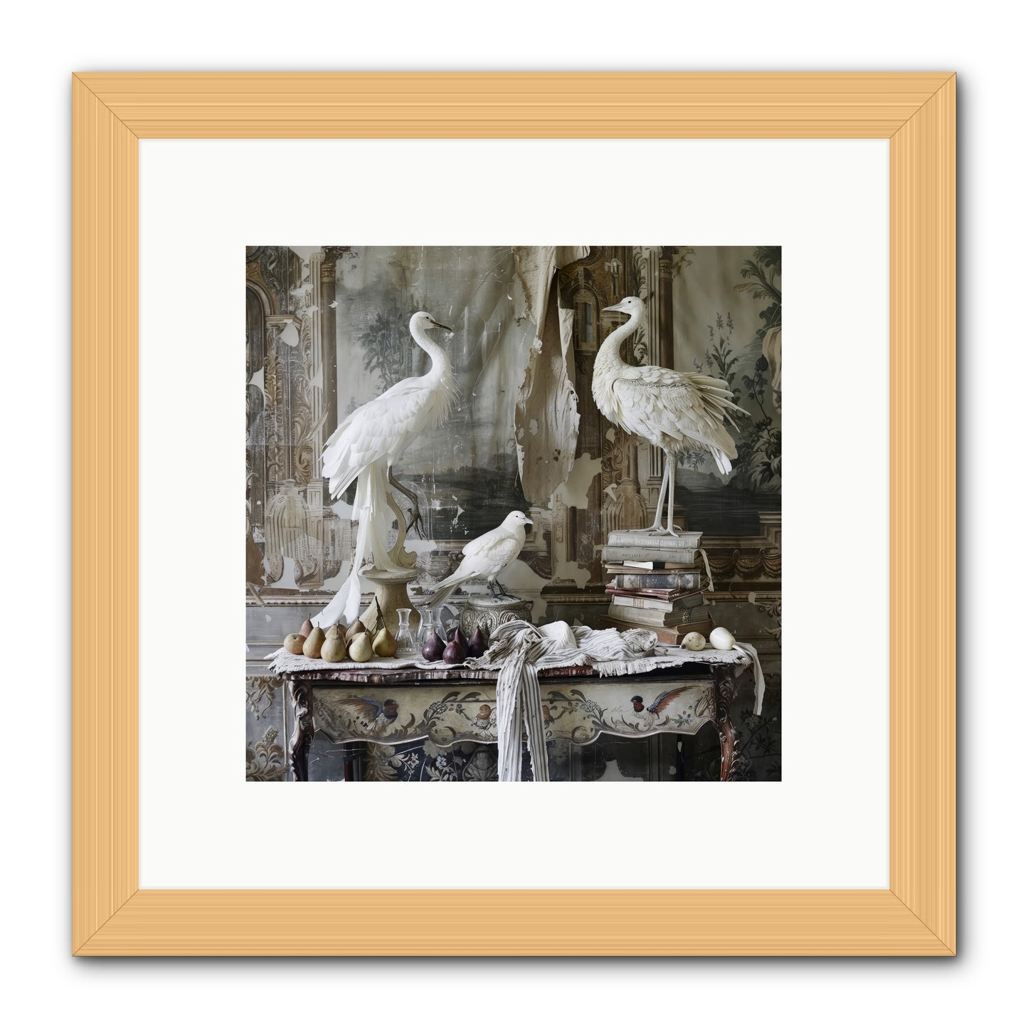 Moonlit Memoirs In The Plumed Chateau -- Framed Print - Natural 10x10