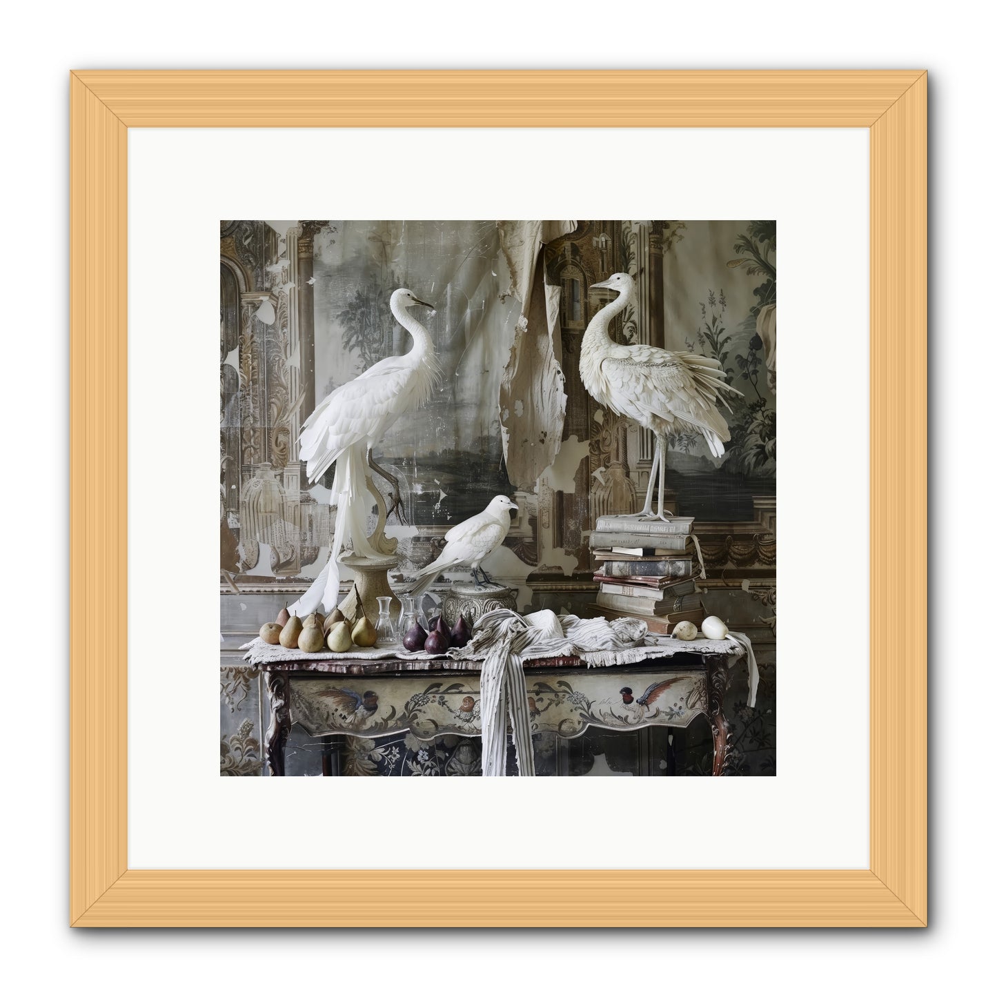 Moonlit Memoirs In The Plumed Chateau -- Framed Print - Natural 12x12