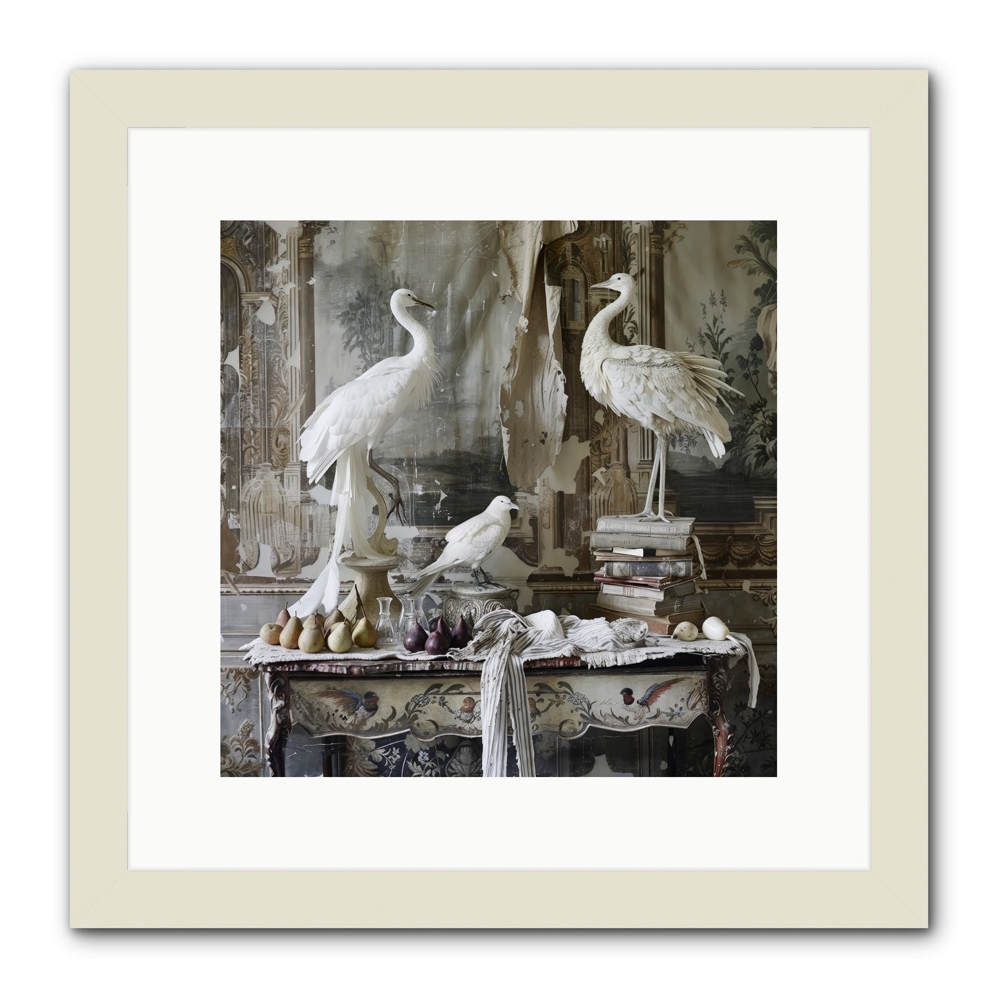 Moonlit Memoirs In The Plumed Chateau -- Framed Print - White 12x12