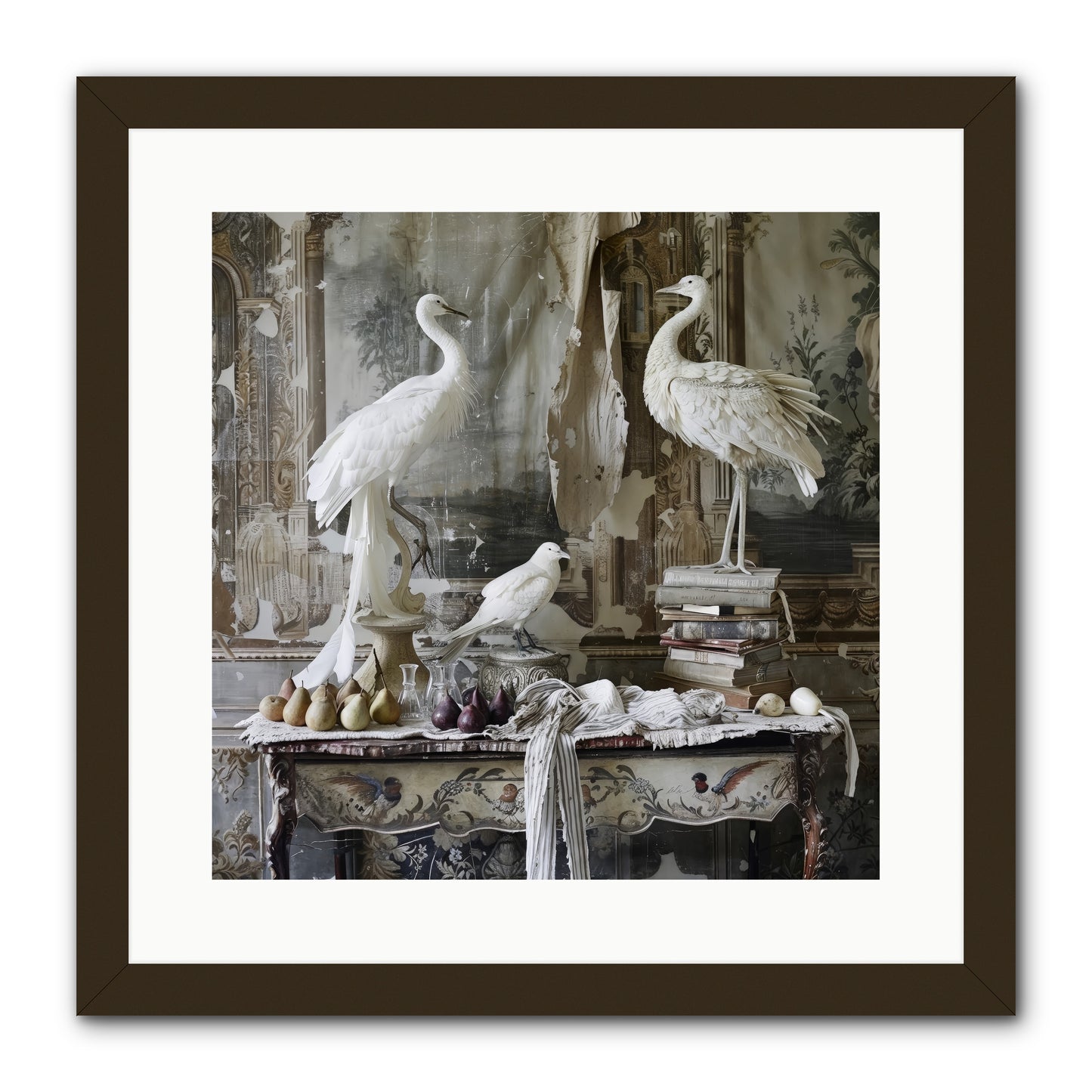 Moonlit Memoirs In The Plumed Chateau -- Framed Print - Black 16x16