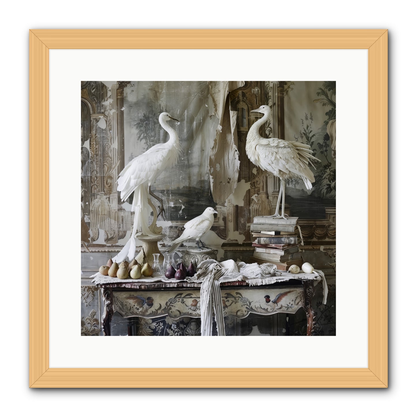 Moonlit Memoirs In The Plumed Chateau -- Framed Print - Natural 16x16