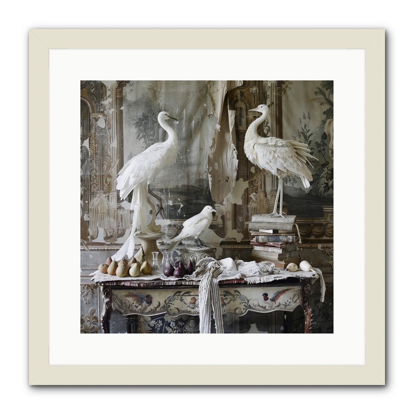 Moonlit Memoirs In The Plumed Chateau -- Framed Print - White 16x16