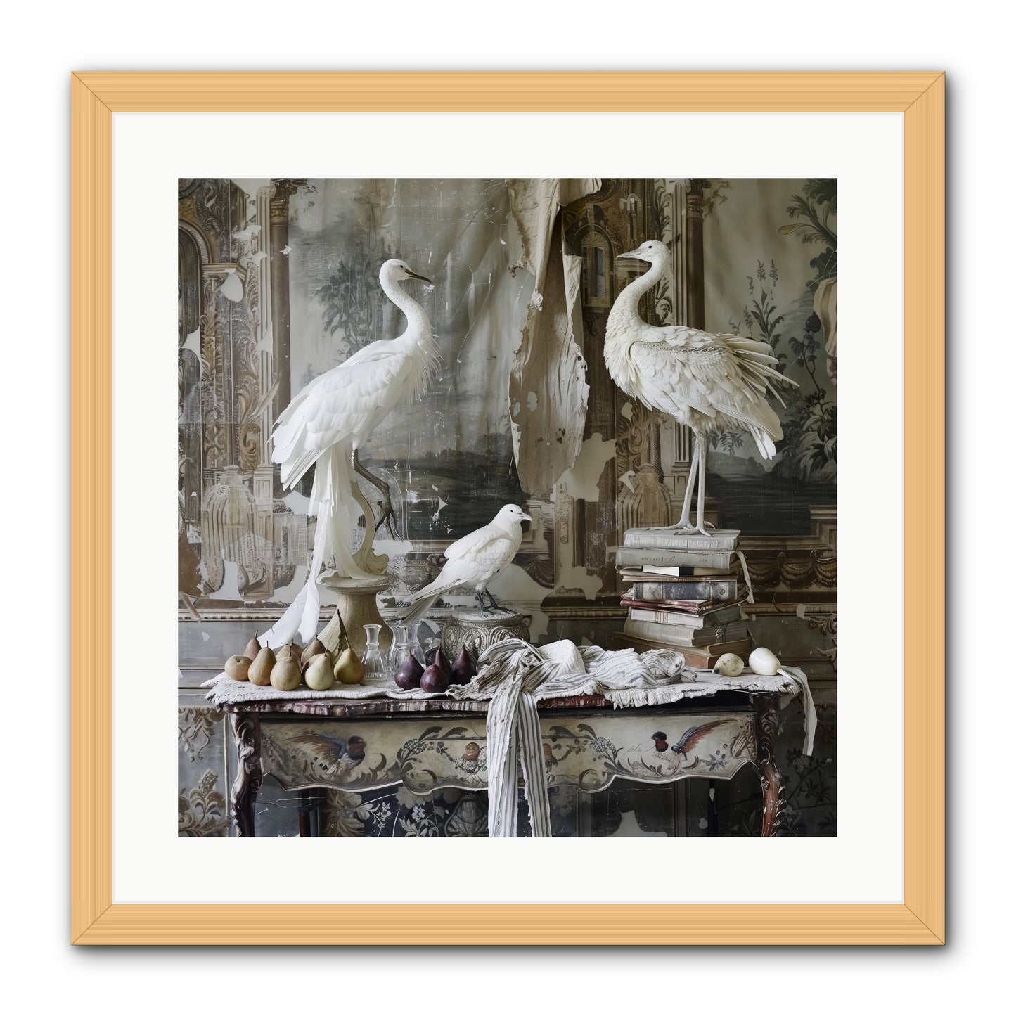 Moonlit Memoirs In The Plumed Chateau -- Framed Print - Natural 20x20