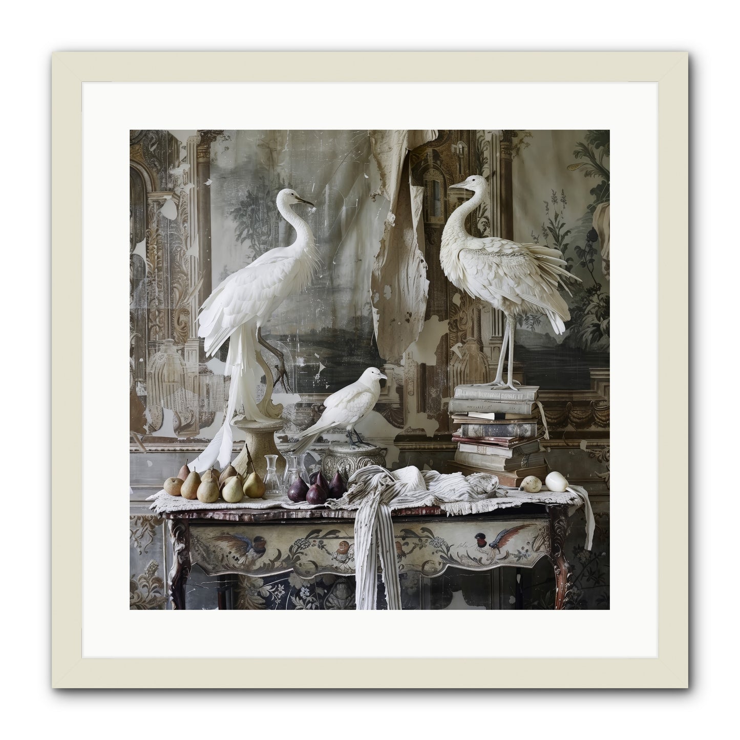 Moonlit Memoirs In The Plumed Chateau -- Framed Print - White 20x20