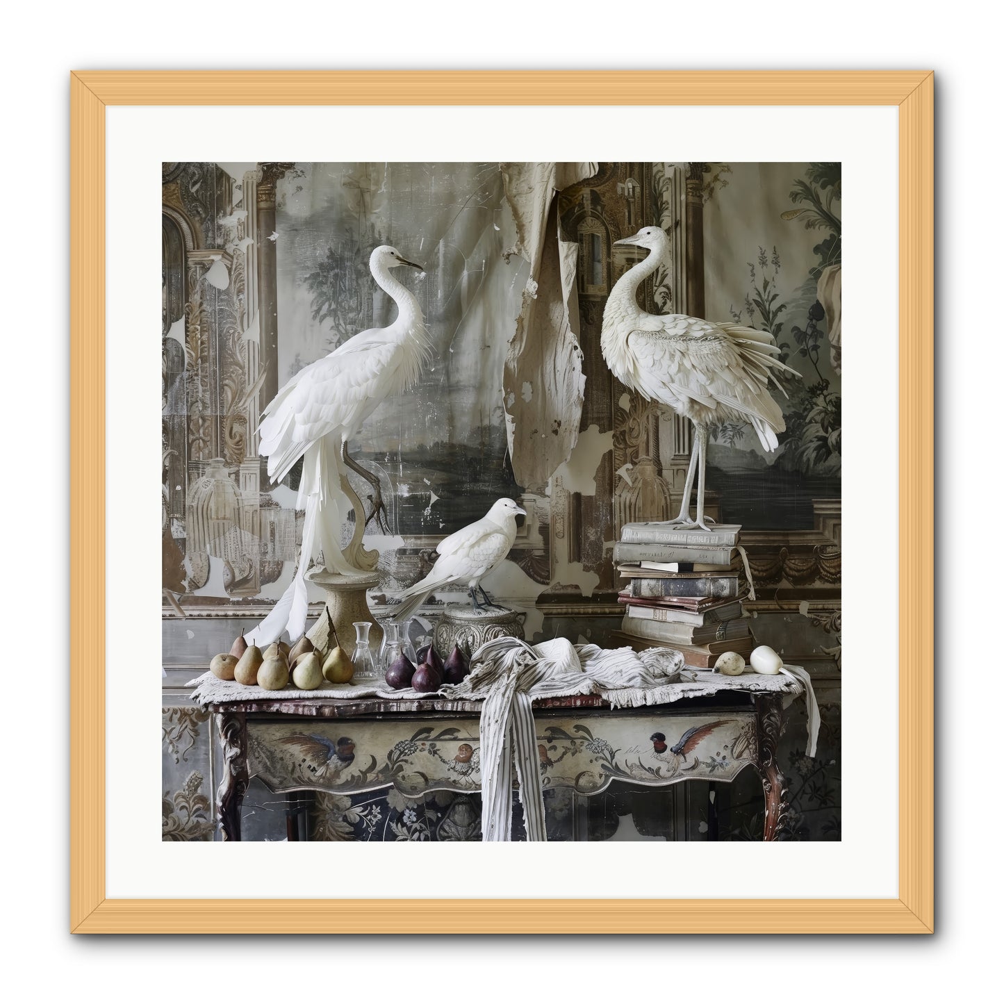 Moonlit Memoirs In The Plumed Chateau -- Framed Print - Natural 24x24