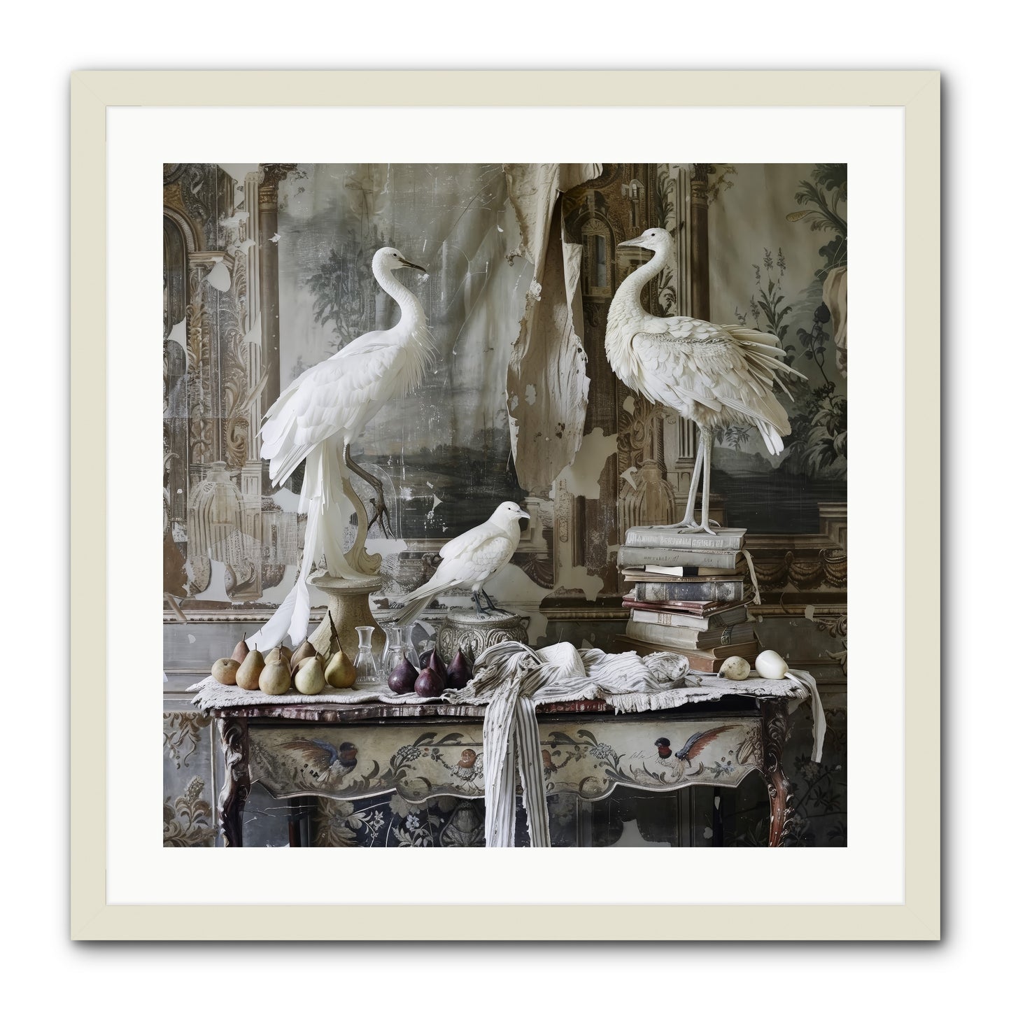 Moonlit Memoirs In The Plumed Chateau -- Framed Print - White 24x24