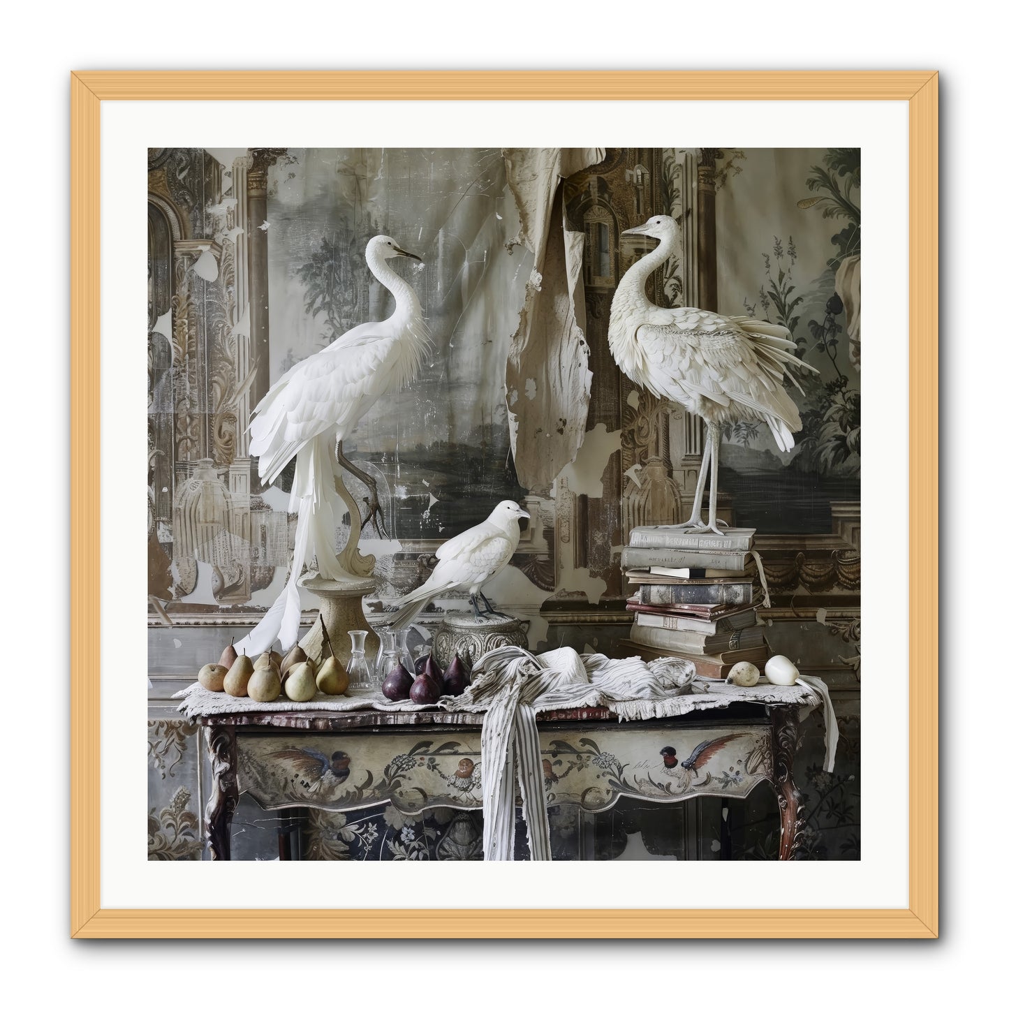 Moonlit Memoirs In The Plumed Chateau -- Framed Print - Natural 30x30
