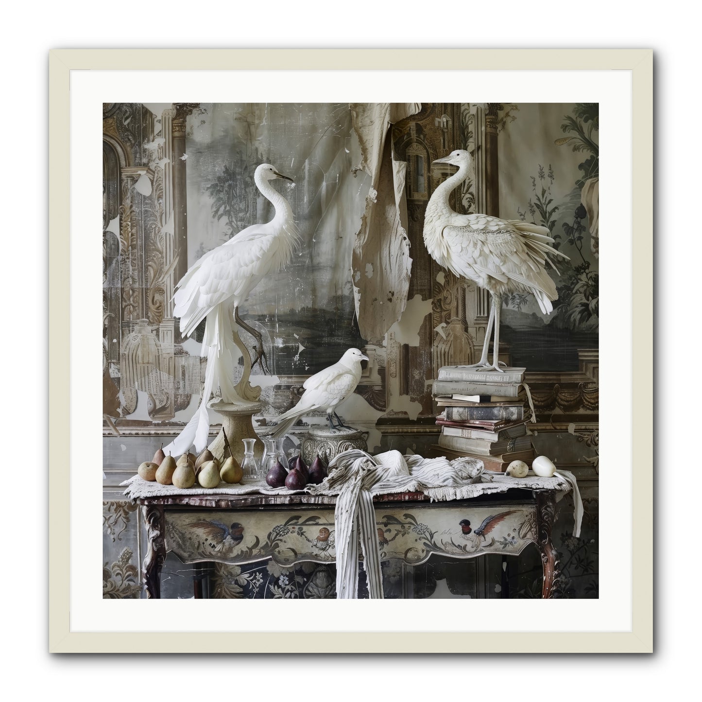 Moonlit Memoirs In The Plumed Chateau -- Framed Print - White 30x30