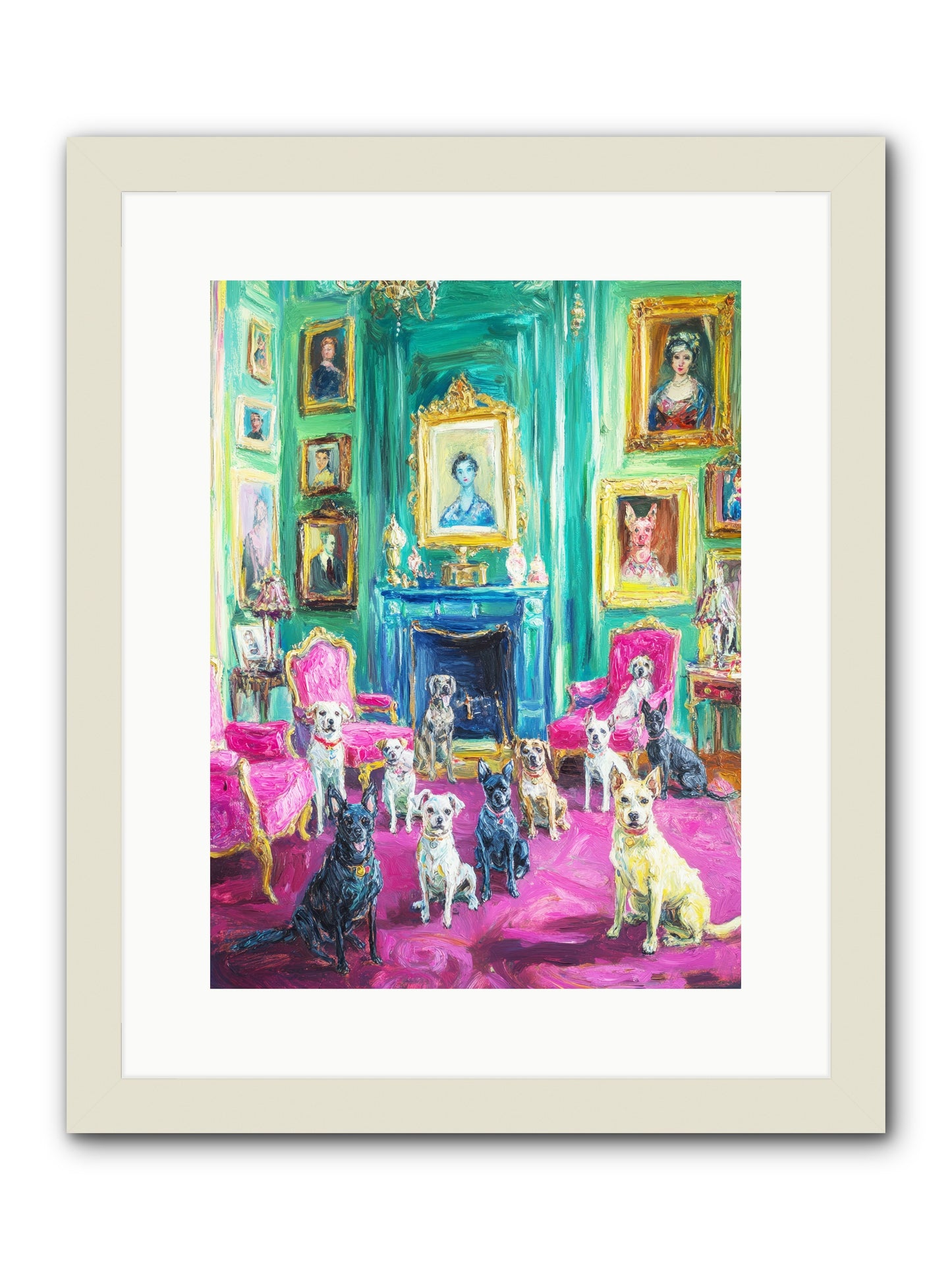 Parlor Dogs Taking Tea -- Framed Print - White 12x16