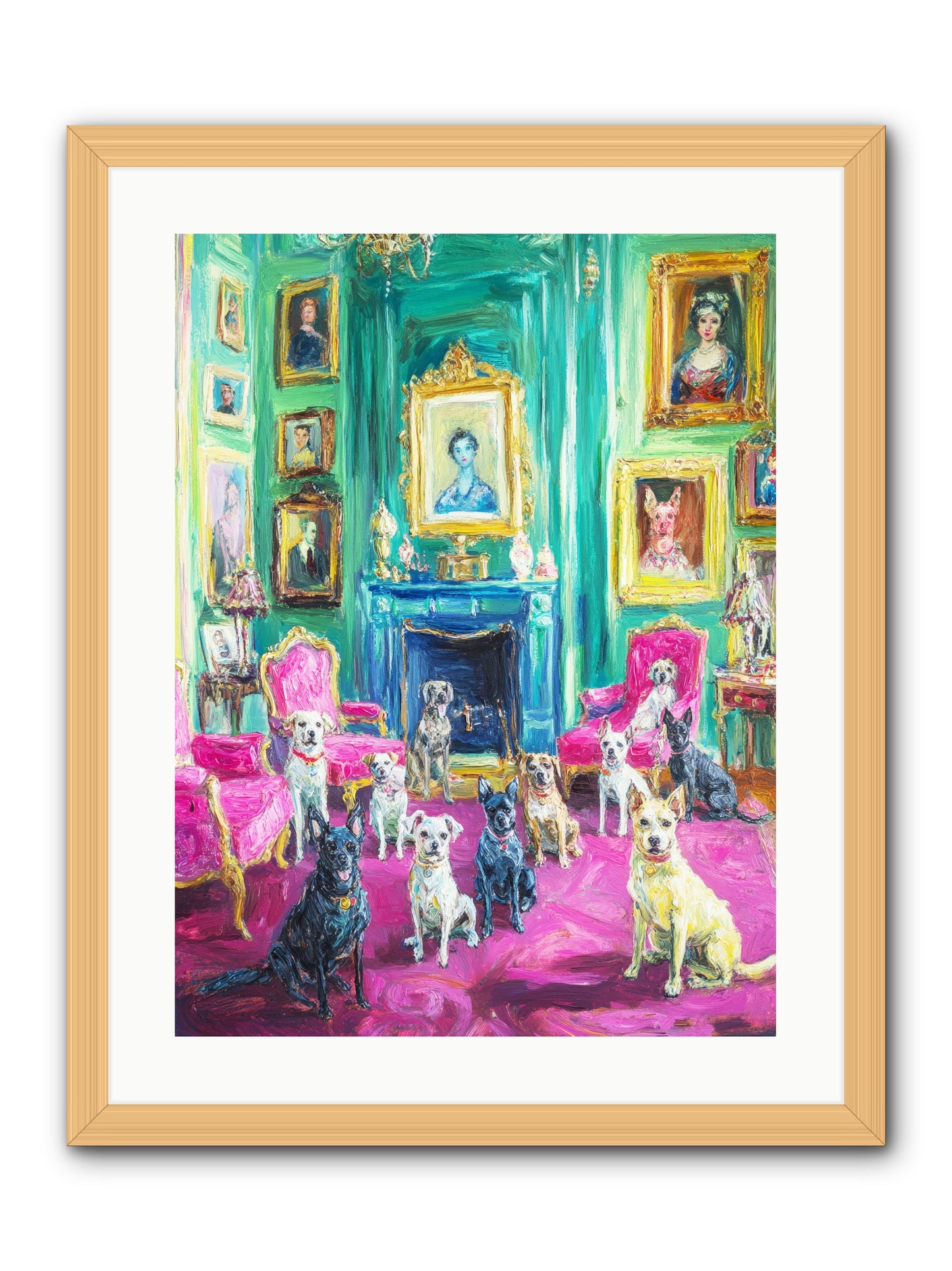 Parlor Dogs Taking Tea -- Framed Print - Natural 18x24