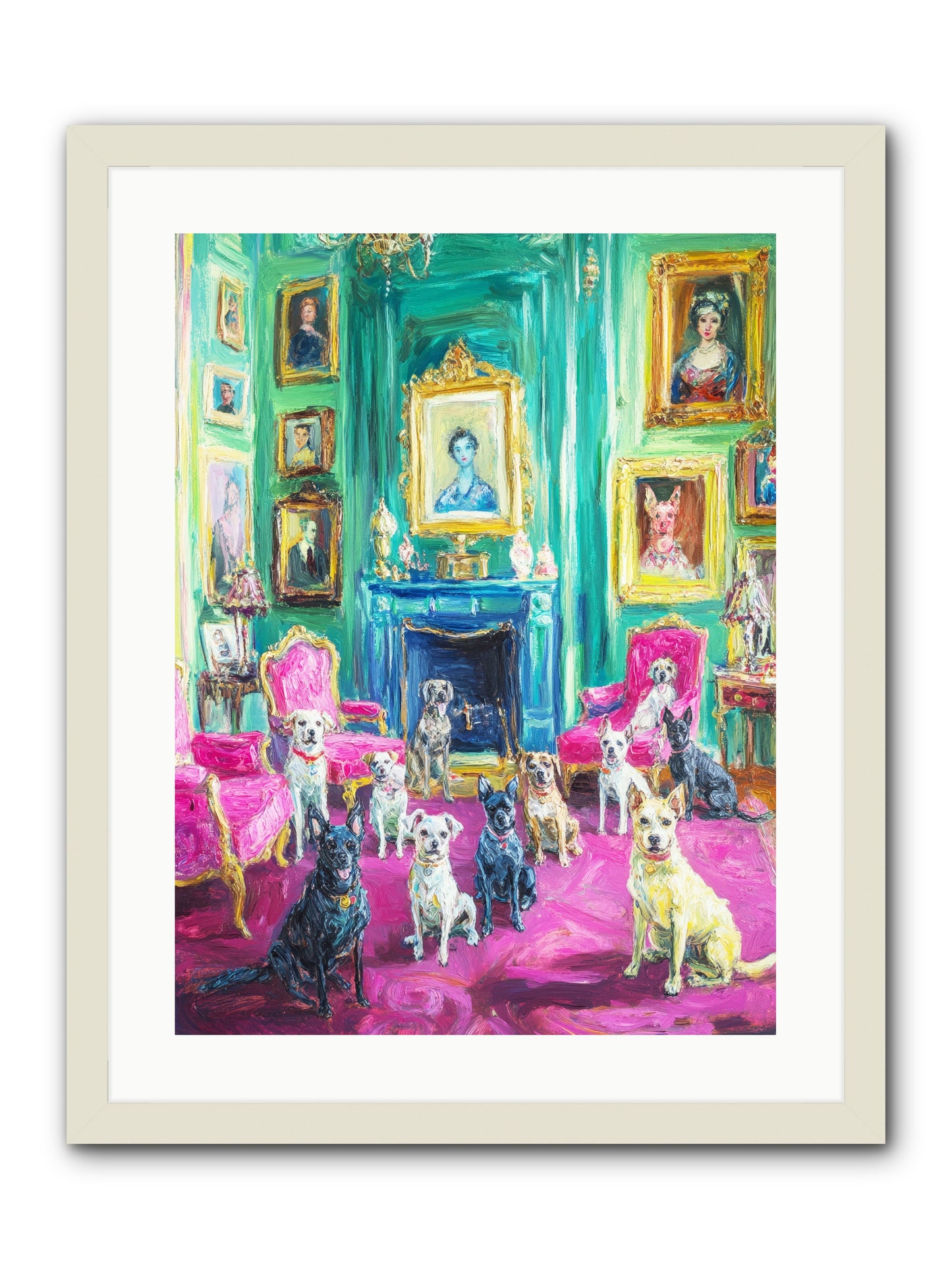 Parlor Dogs Taking Tea -- Framed Print - White 18x24