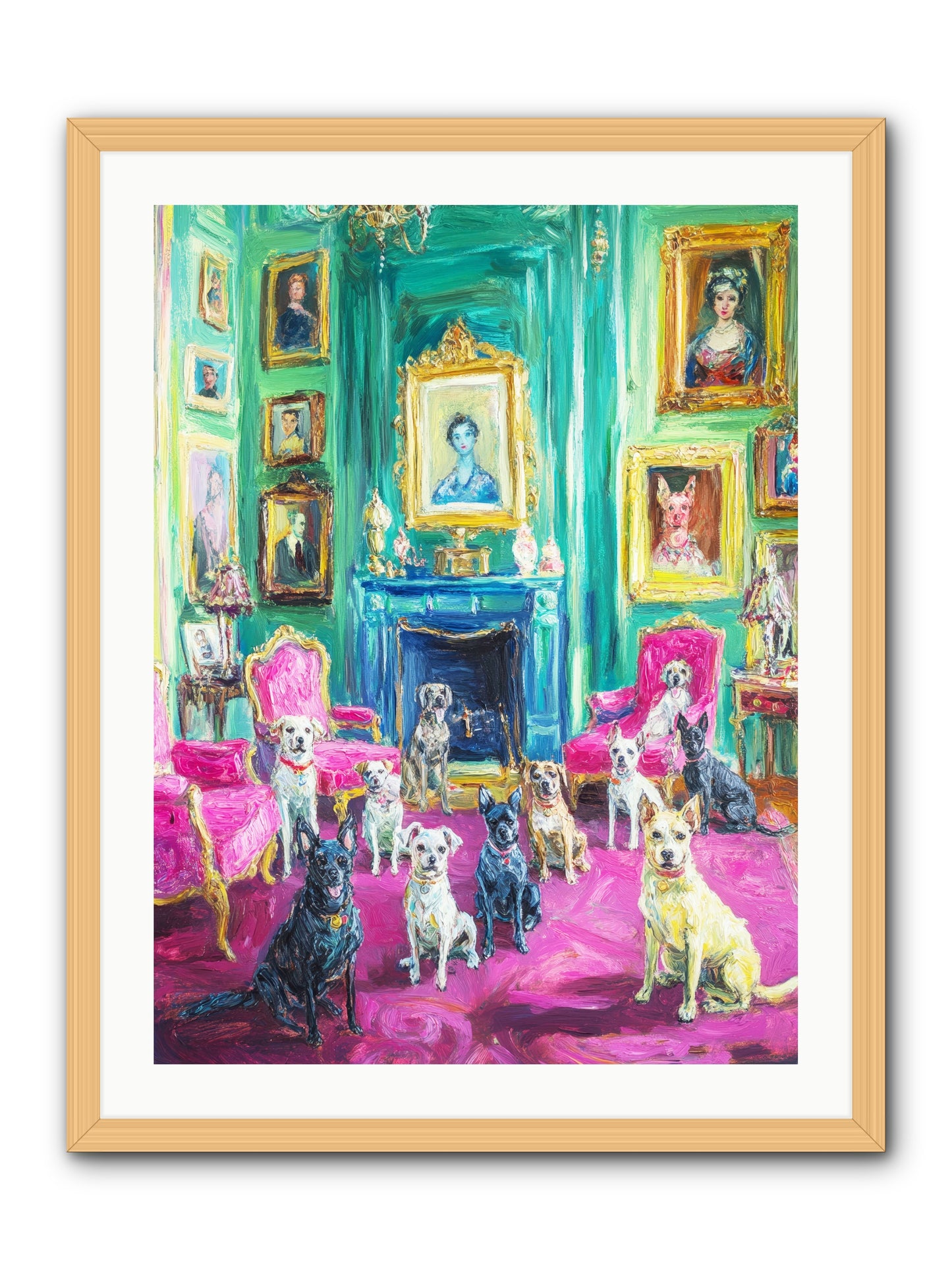 Parlor Dogs Taking Tea -- Framed Print - Natural 24x32