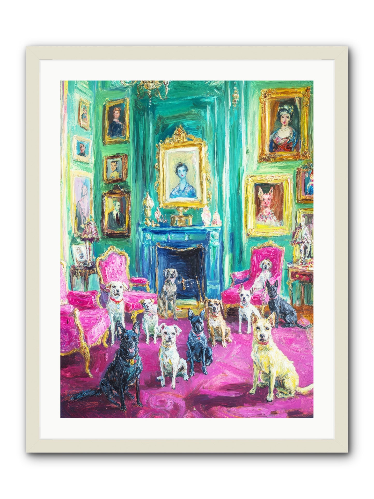 Parlor Dogs Taking Tea -- Framed Print - White 24x32