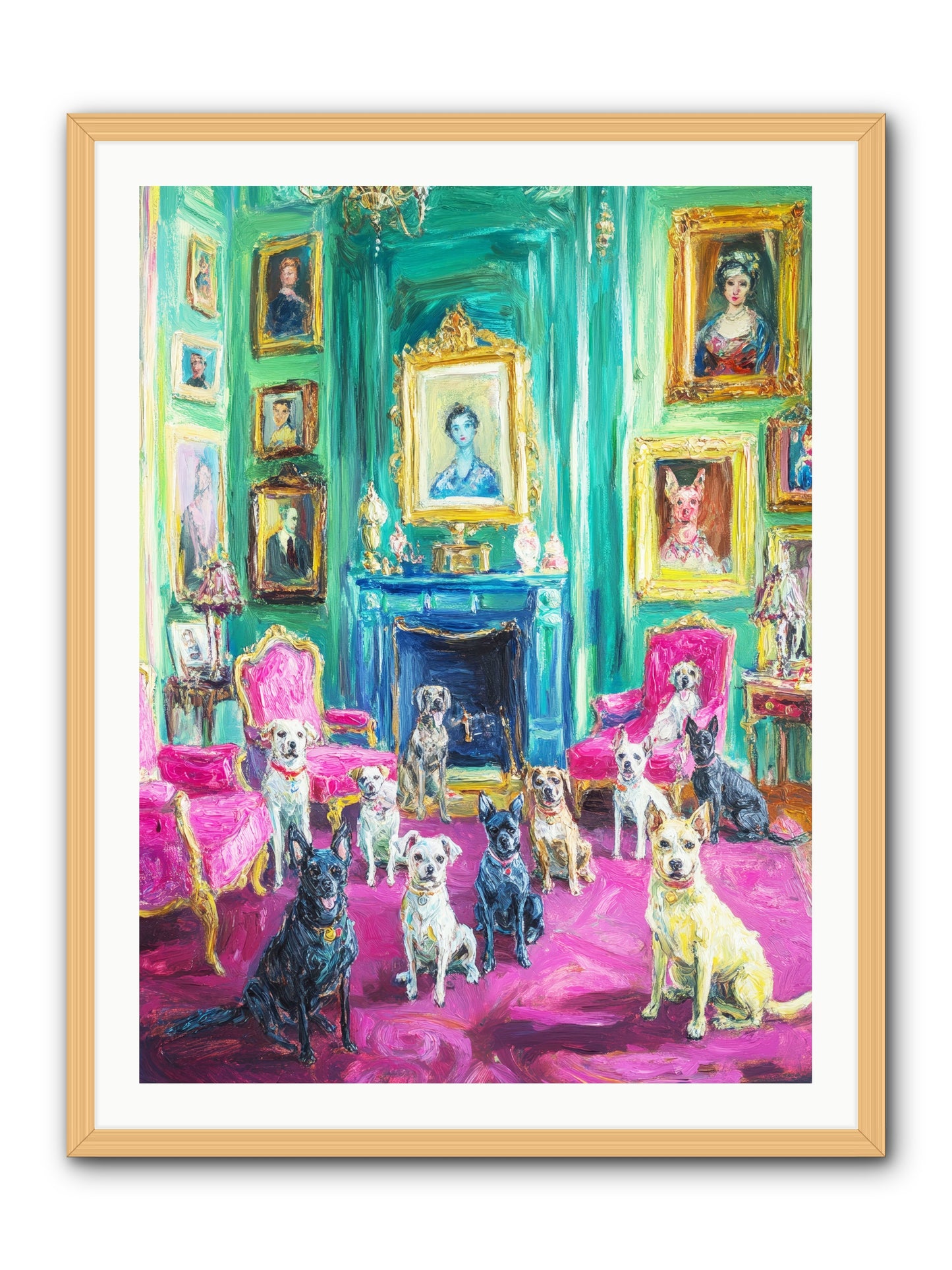 Parlor Dogs Taking Tea -- Framed Print - Natural 30x40