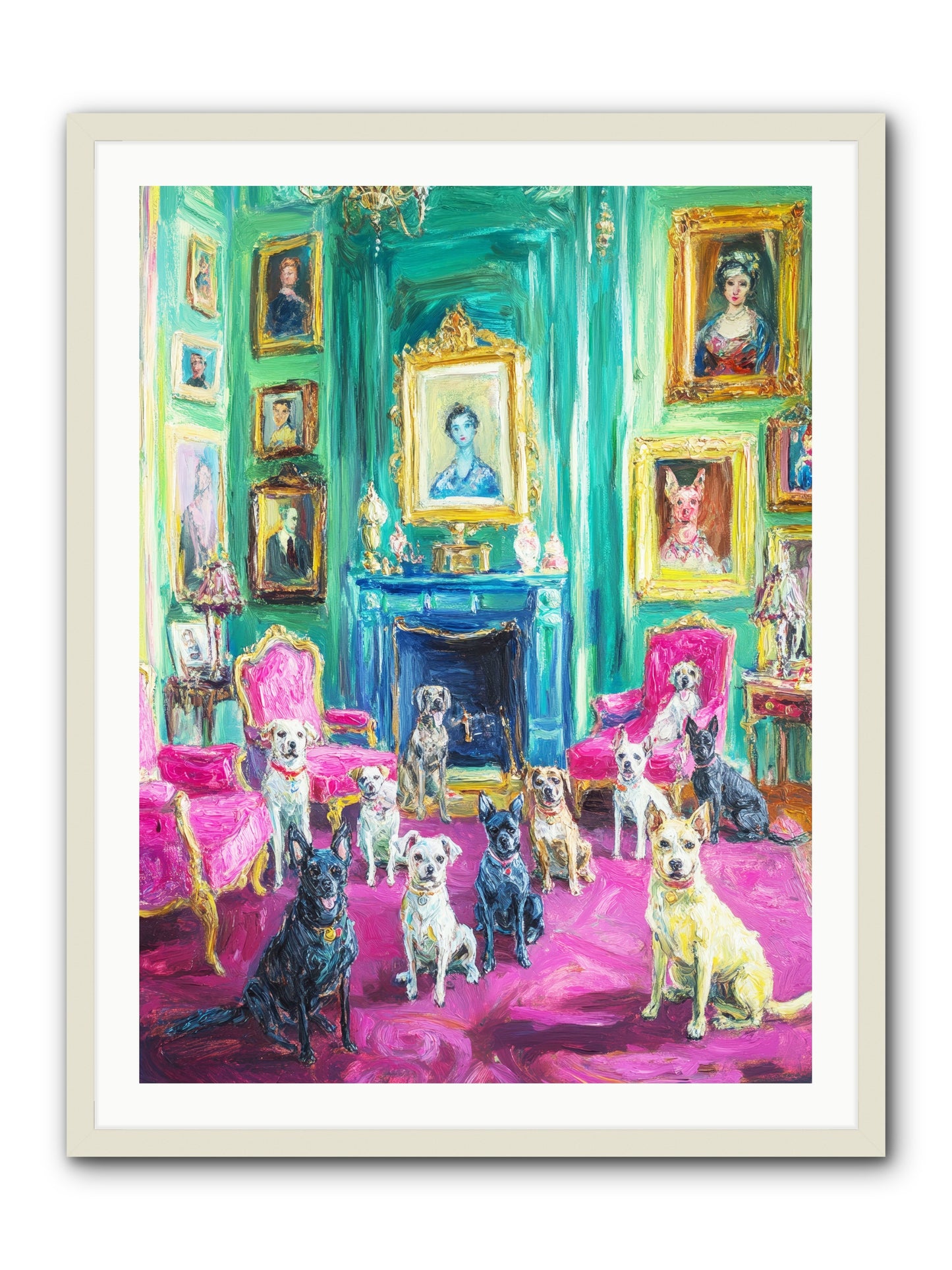 Parlor Dogs Taking Tea -- Framed Print - White 30x40